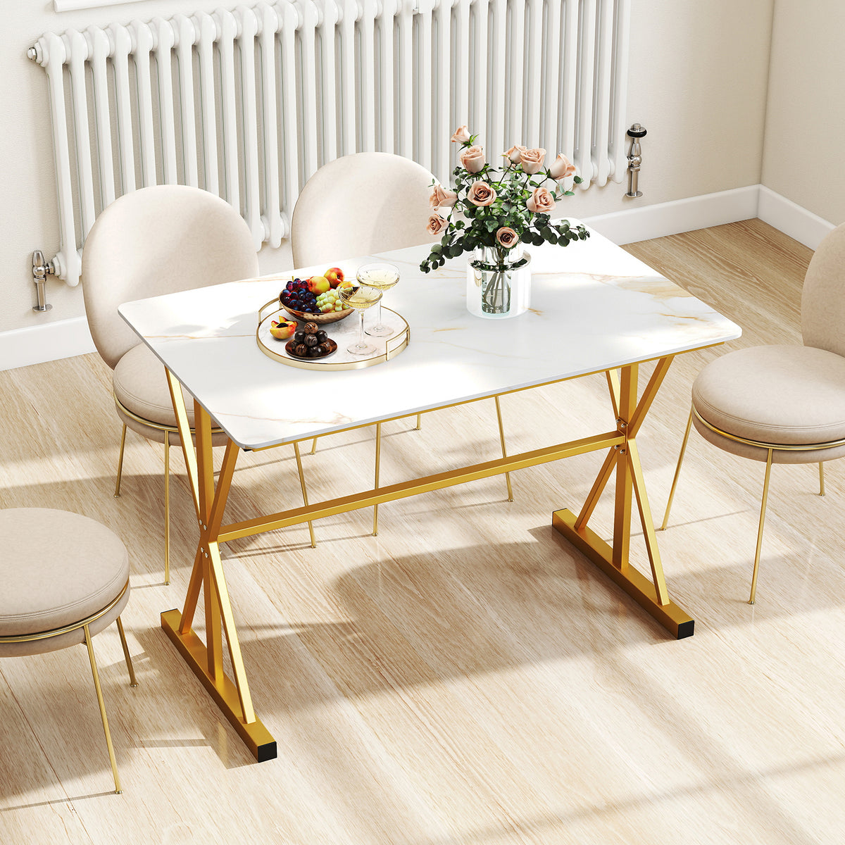 44 Inches Sintered Stone Dining Table, Metal Frame, Faux Marble Tabletop, White Dining Tables at Gallery Canada