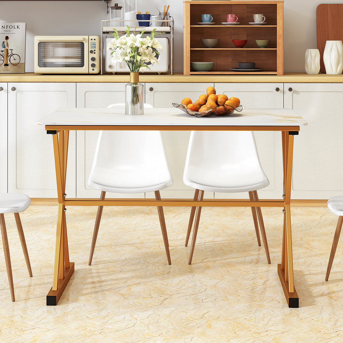 44 Inches Sintered Stone Dining Table, Metal Frame, Faux Marble Tabletop, White Dining Tables at Gallery Canada
