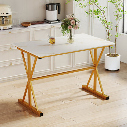 44 Inches Sintered Stone Dining Table, Metal Frame, Faux Marble Tabletop, White Dining Tables at Gallery Canada