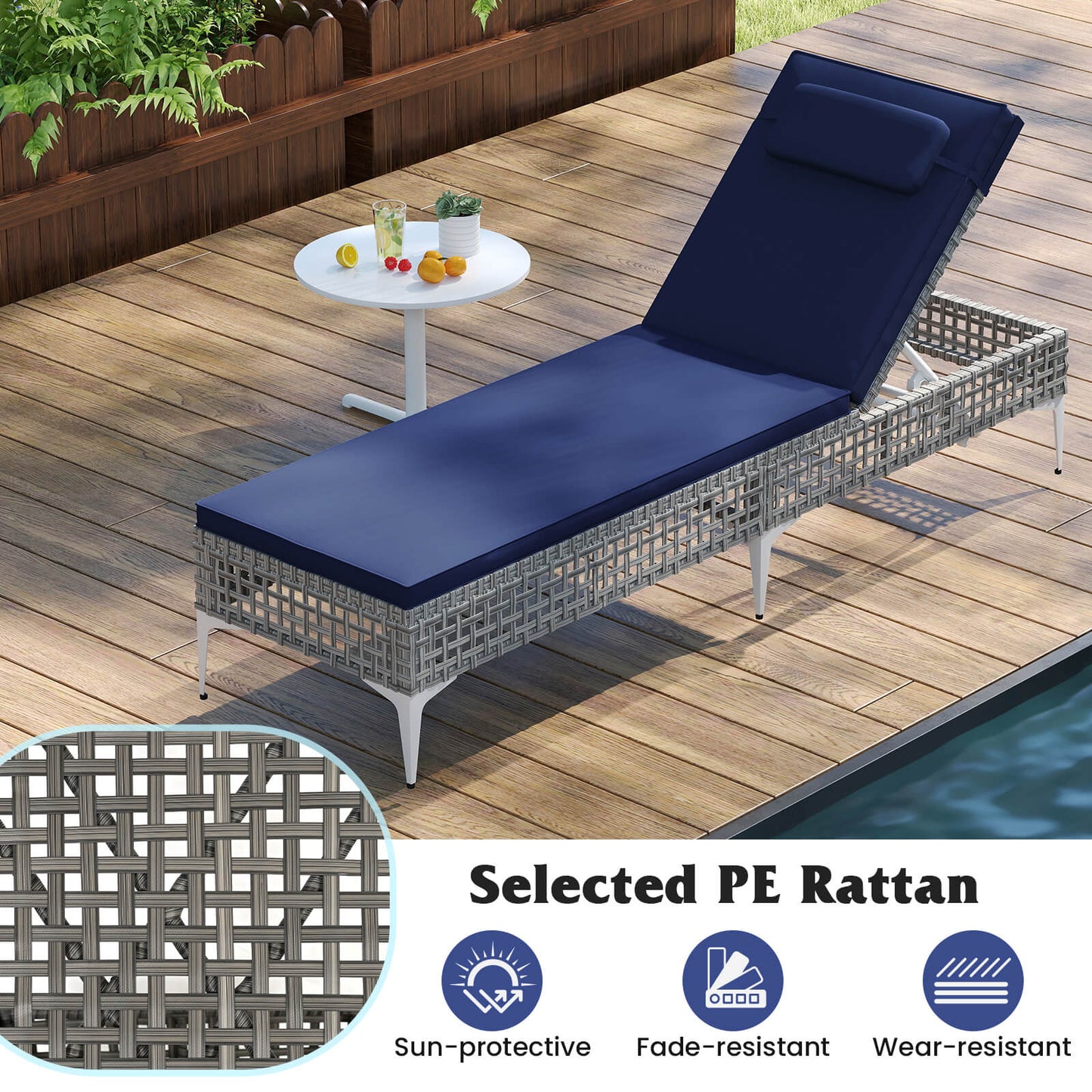 Chaise Lounge Chair, 6-Level Adjustable Backrest, Headrest, Navy Outdoor Chaise Lounges at Gallery Canada
