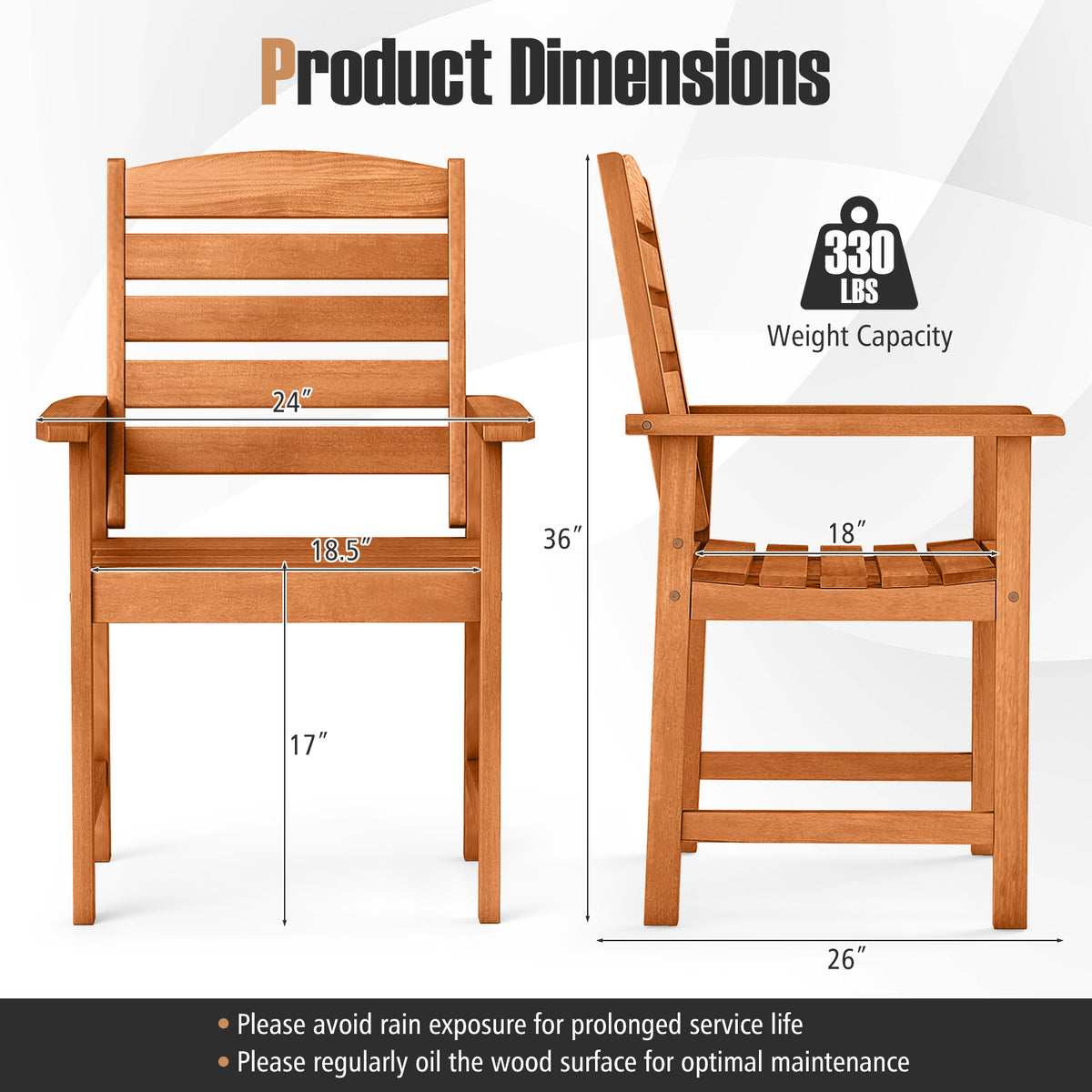 Outdoor Wooden Dining Chairs, Inclined Backrests, Slatted Seats, Natural Patio Dining Chairs at Gallery Canada