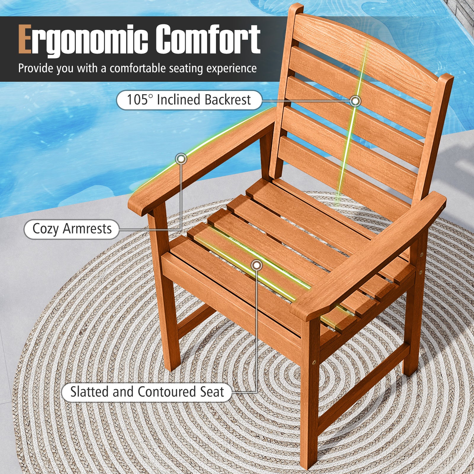 Outdoor Wooden Dining Chairs, Inclined Backrests, Slatted Seats, Natural Patio Dining Chairs at Gallery Canada