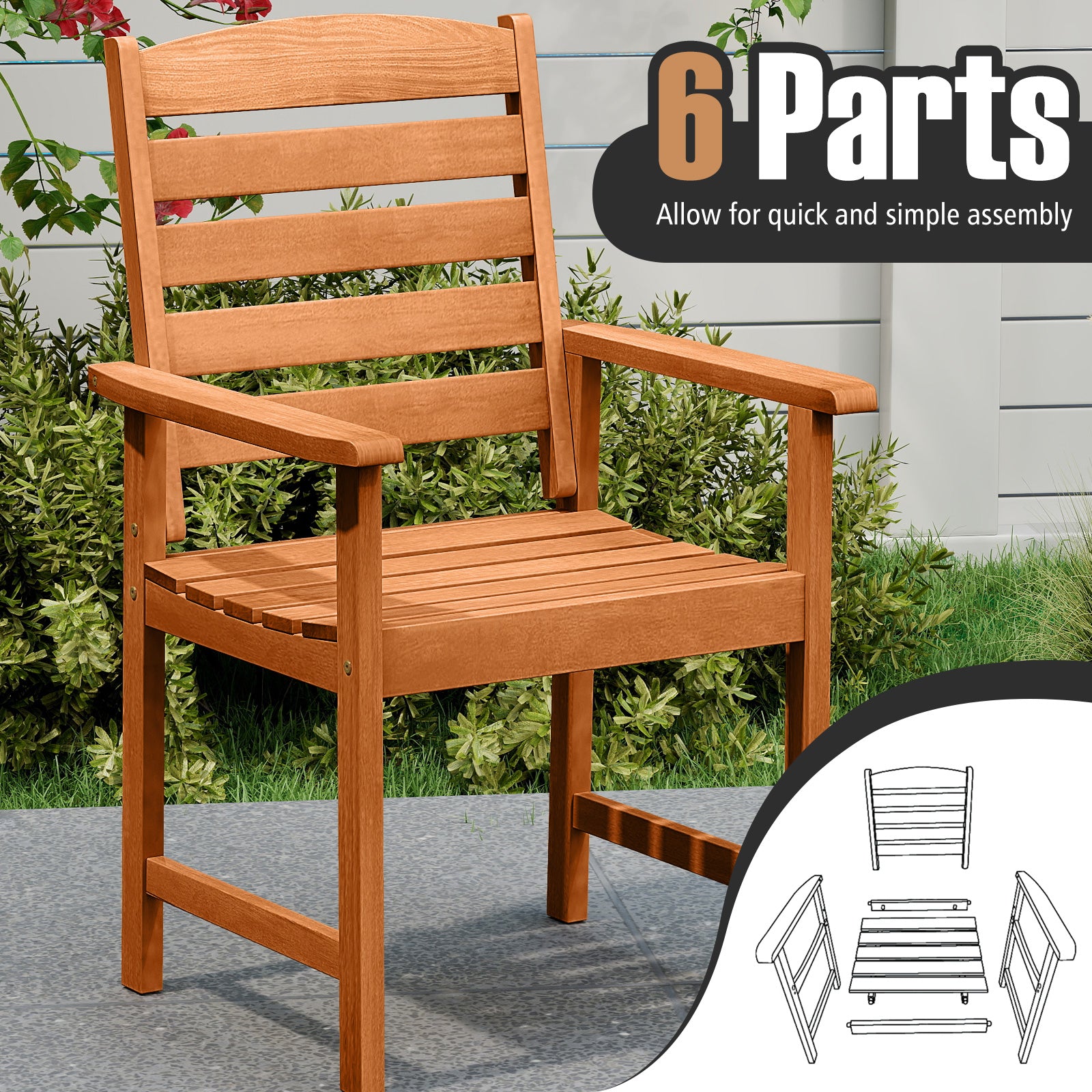 Outdoor Wooden Dining Chairs, Inclined Backrests, Slatted Seats, Natural Patio Dining Chairs at Gallery Canada