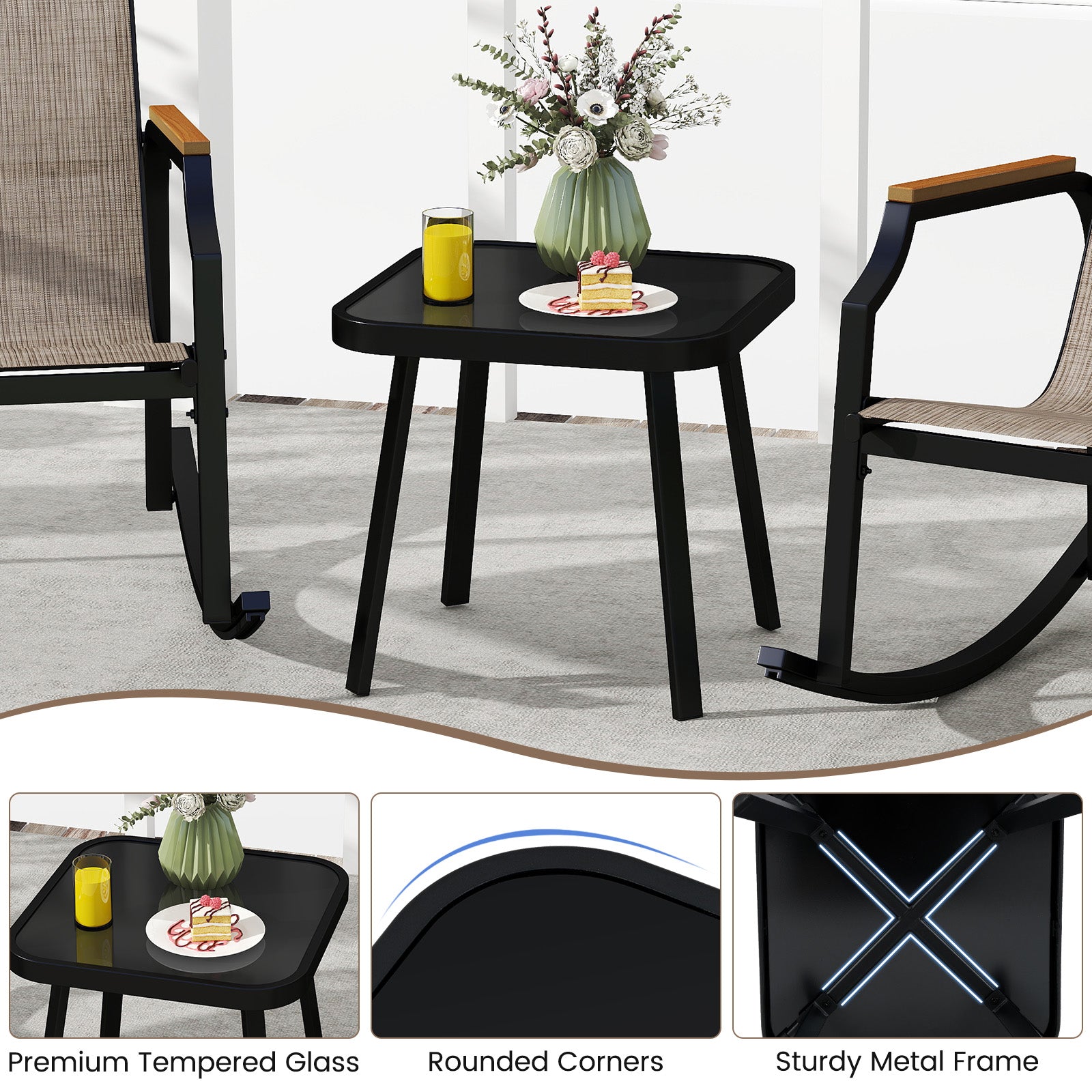 3 Piece Patio Rocking Bistro Set, Tempered Glass Coffee Table, Brown Patio Conversation Sets at Gallery Canada