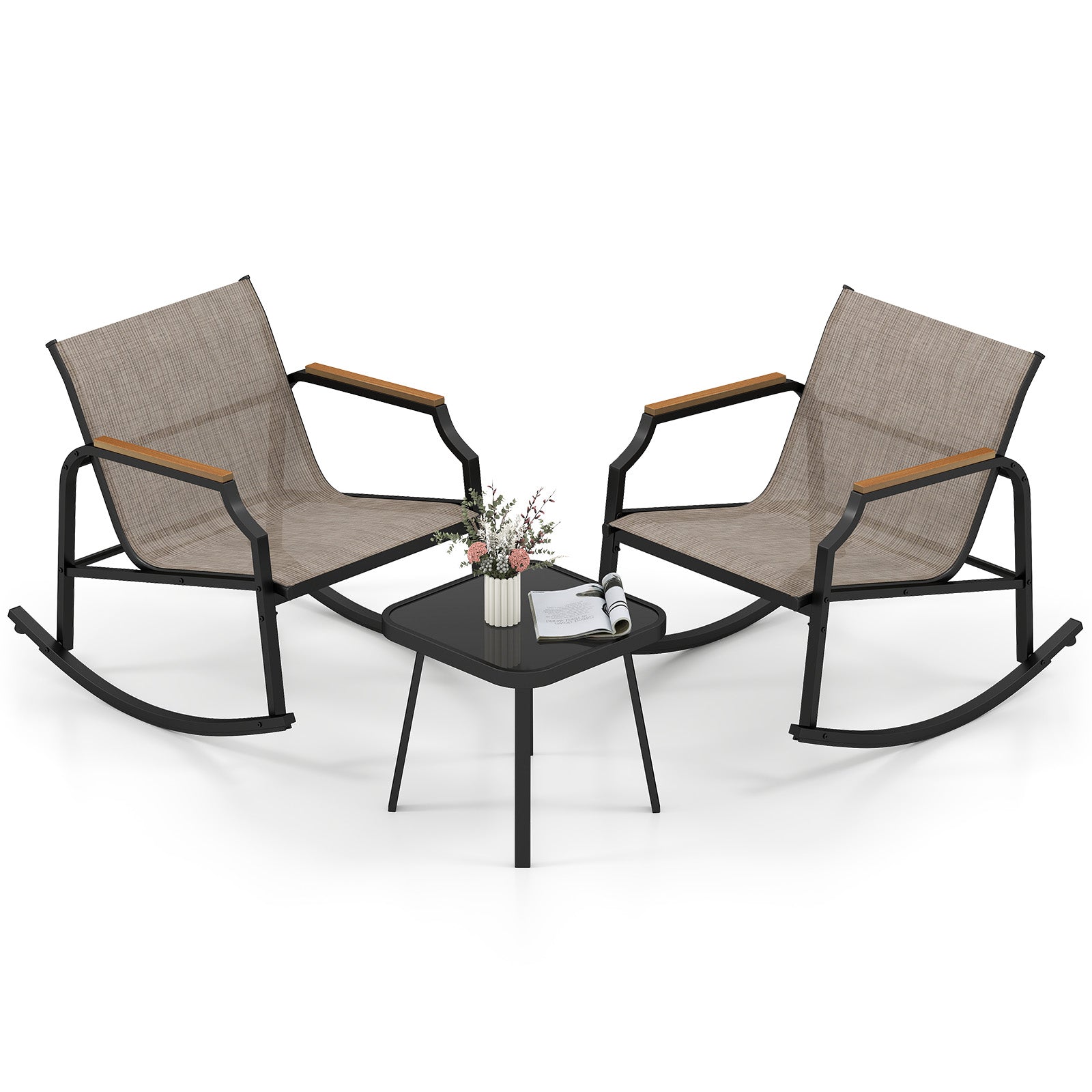 3 Piece Patio Rocking Bistro Set, Tempered Glass Coffee Table, Brown Patio Conversation Sets Brown at Gallery Canada