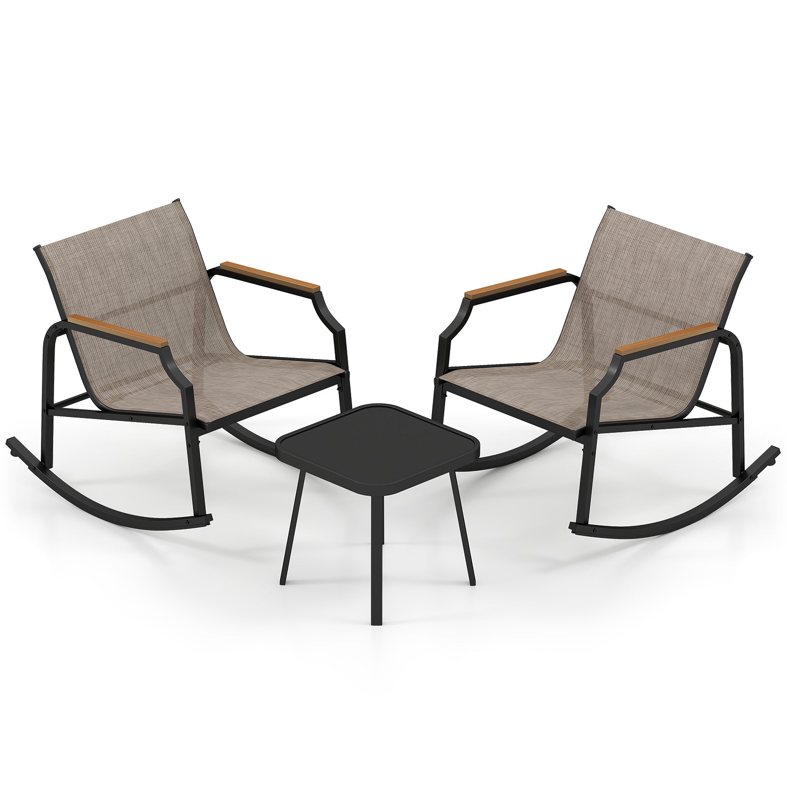 3 Piece Patio Rocking Bistro Set, Tempered Glass Coffee Table, Brown Patio Conversation Sets at Gallery Canada