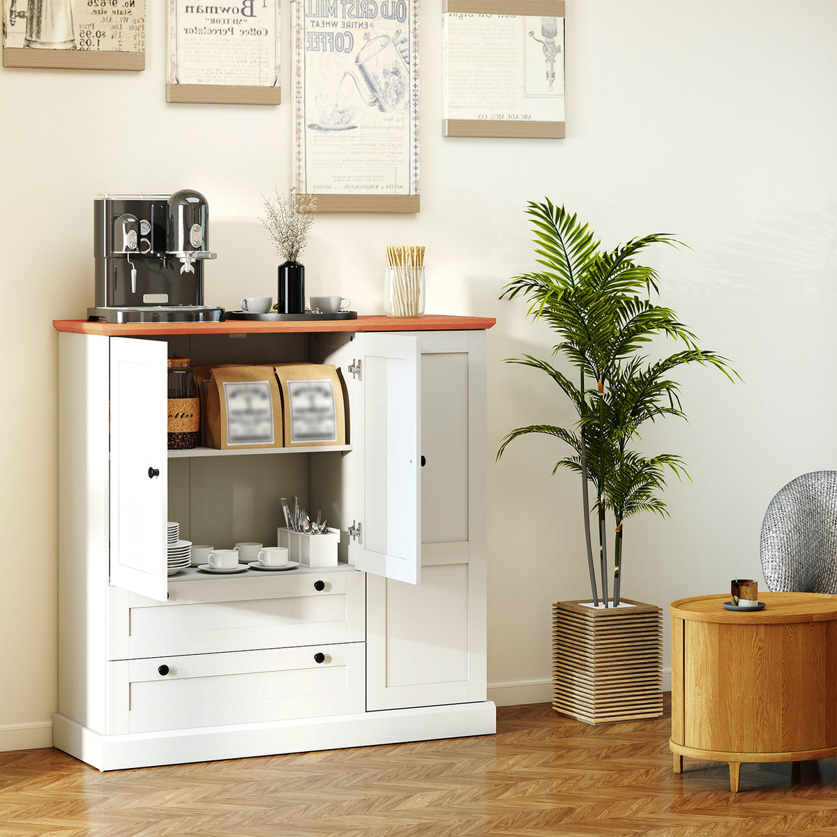 47.5 Inch Freestanding Kitchen Cabinet, 3 Doors, 2 Large Drawers, White Sideboards Cabinets & Buffets at Gallery Canada