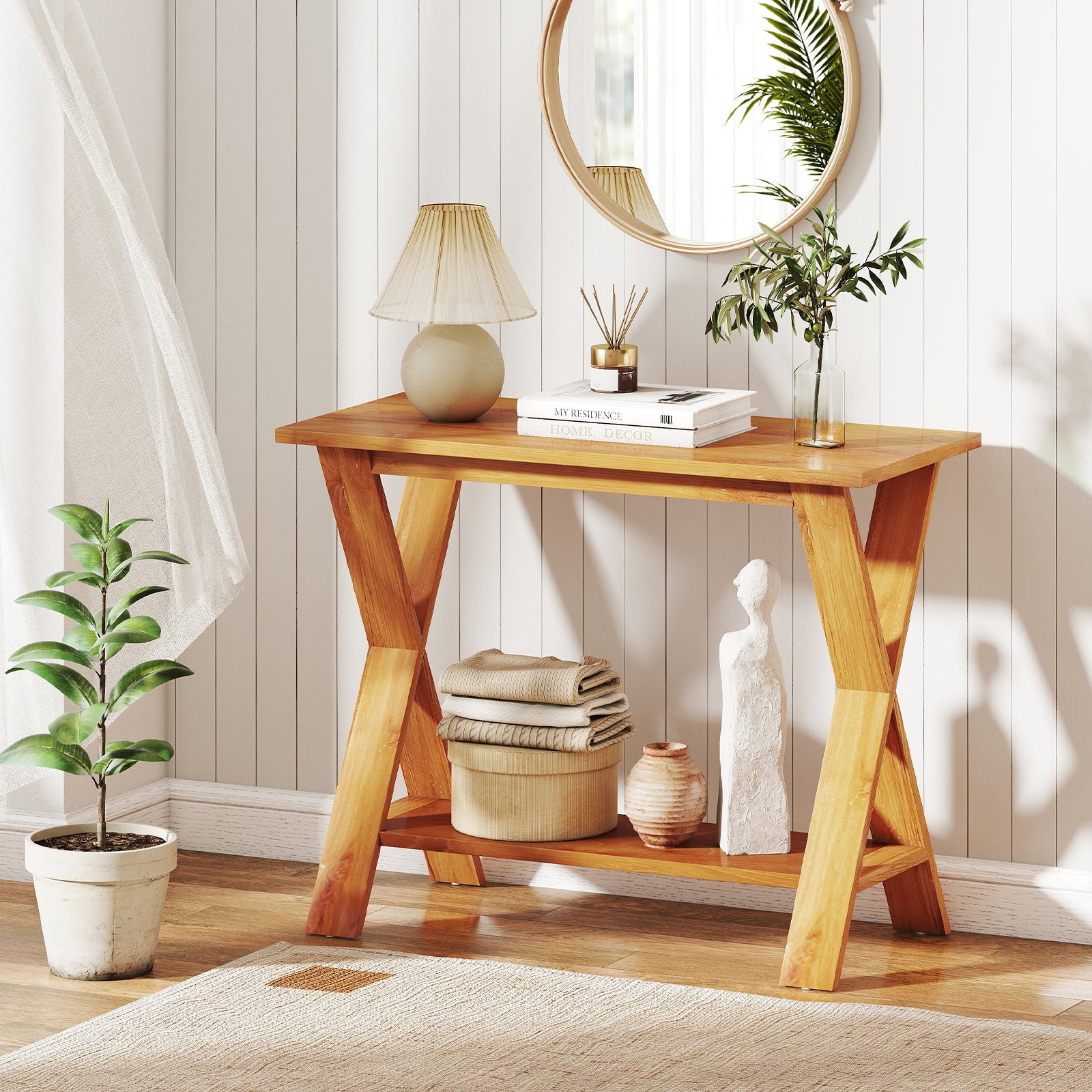 35 Inch Solid Wood Console Table With Storage Shelf, Teak Floor Cabinets at Gallery Canada