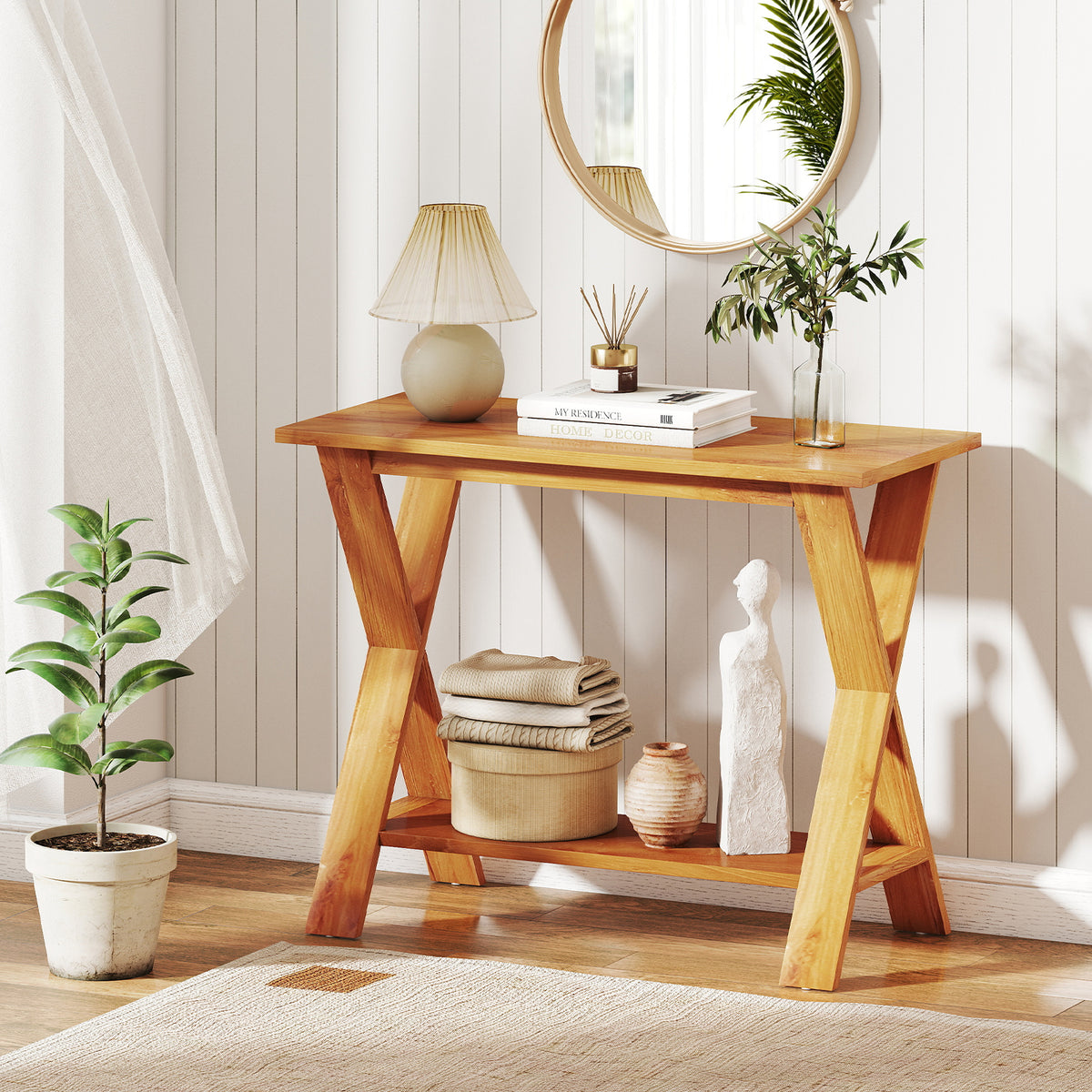 35 Inch Solid Wood Console Table With Storage Shelf, Teak Floor Cabinets at Gallery Canada
