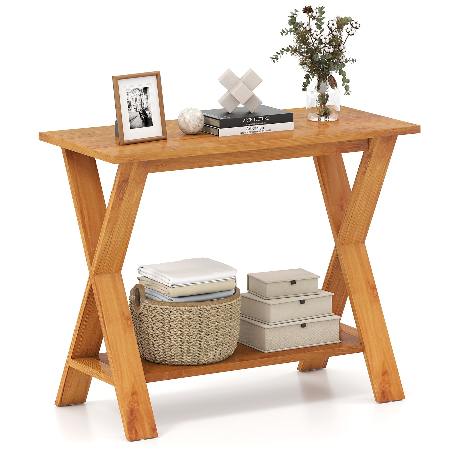 35 Inch Solid Wood Console Table With Storage Shelf, Teak Floor Cabinets Teak at Gallery Canada