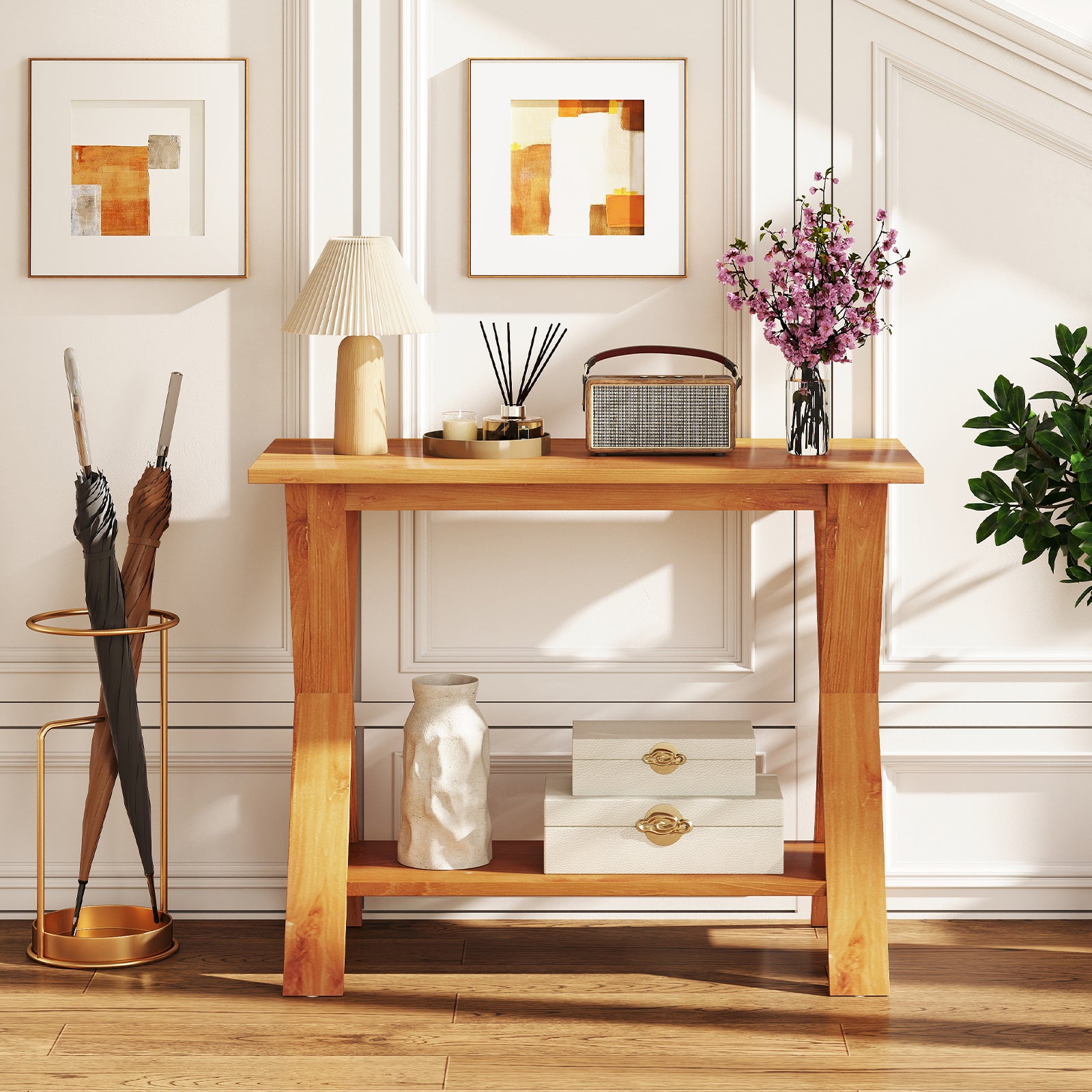 35 Inch Solid Wood Console Table With Storage Shelf, Teak Floor Cabinets at Gallery Canada