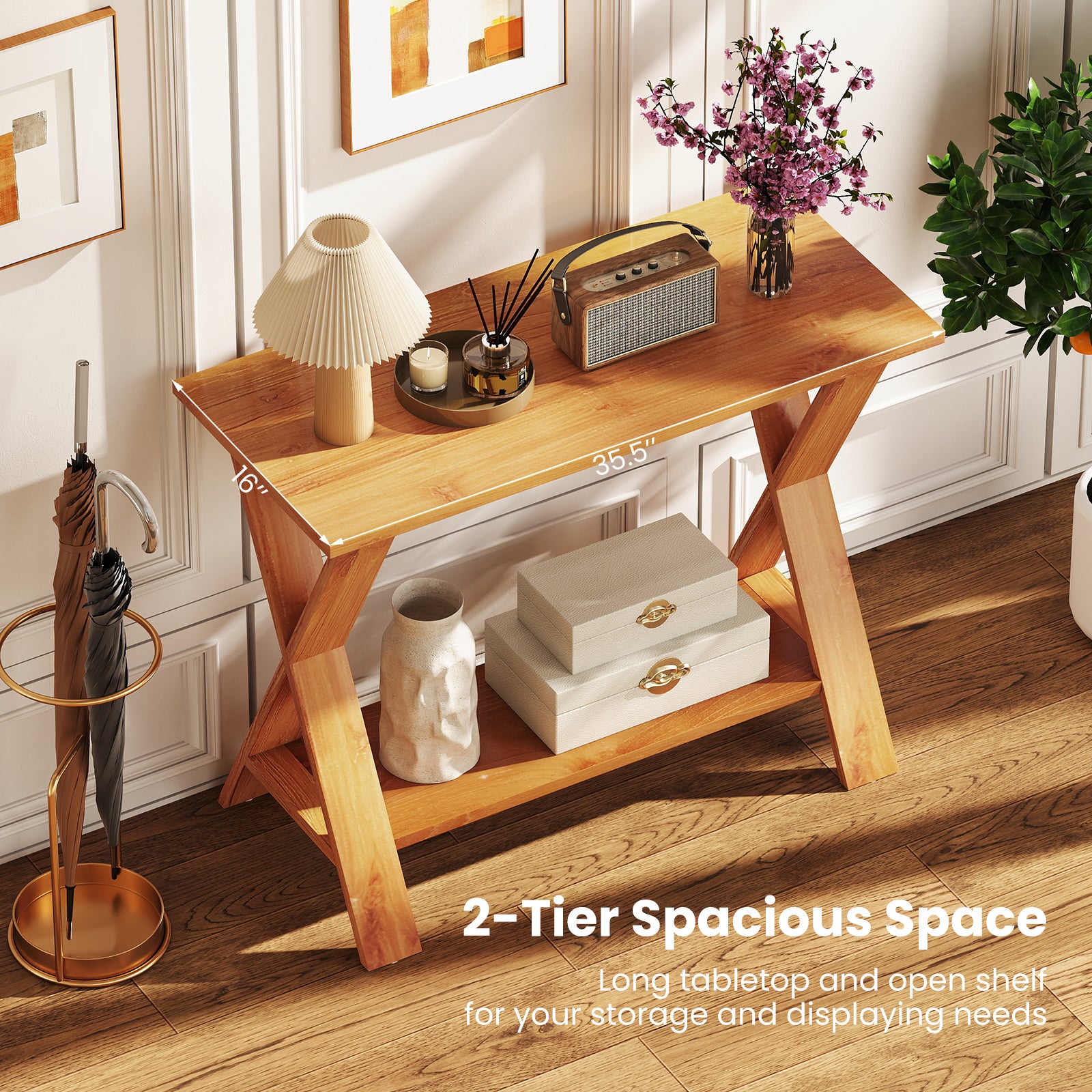 35 Inch Solid Wood Console Table With Storage Shelf, Teak Floor Cabinets at Gallery Canada