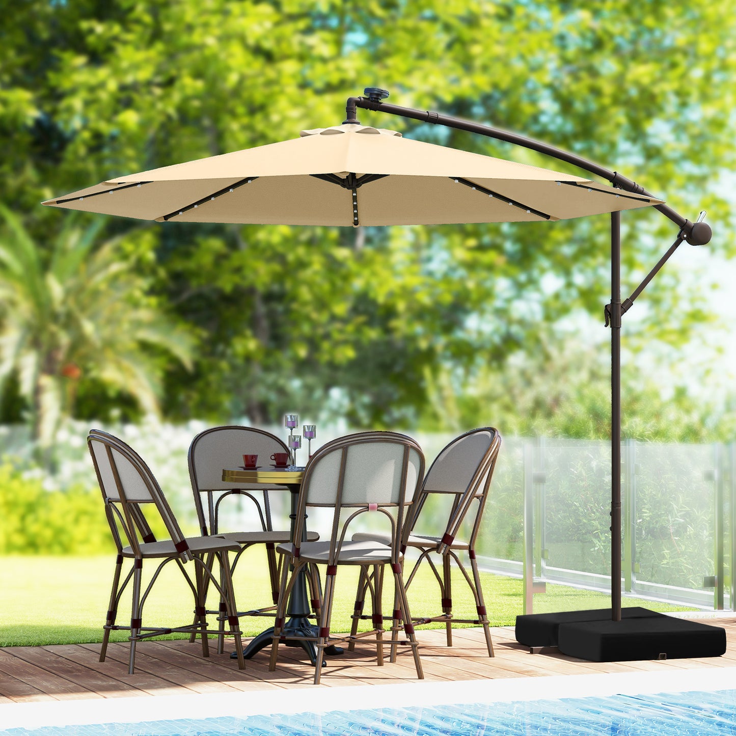 10 Feet Cantilever Umbrella, 32 LED Lights, Solar Panel Batteries, Beige Outdoor Umbrellas at Gallery Canada