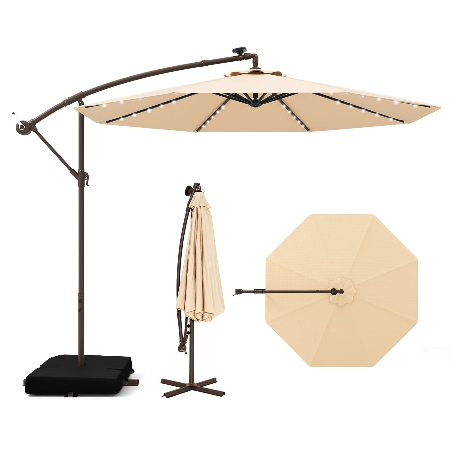 10 Feet Cantilever Umbrella, 32 LED Lights, Solar Panel Batteries, Beige Outdoor Umbrellas at Gallery Canada