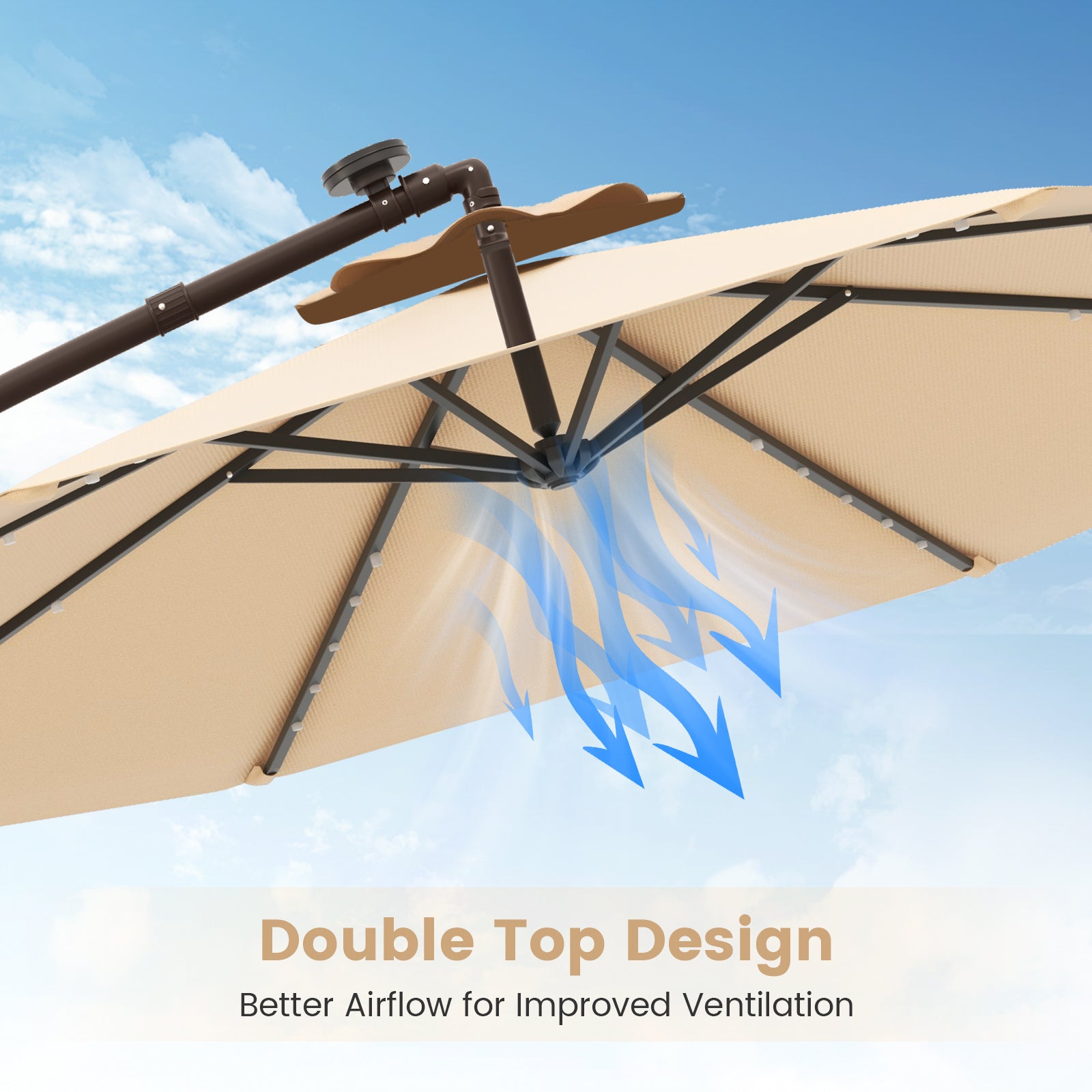 10 Feet Cantilever Umbrella, 32 LED Lights, Solar Panel Batteries, Beige Outdoor Umbrellas at Gallery Canada