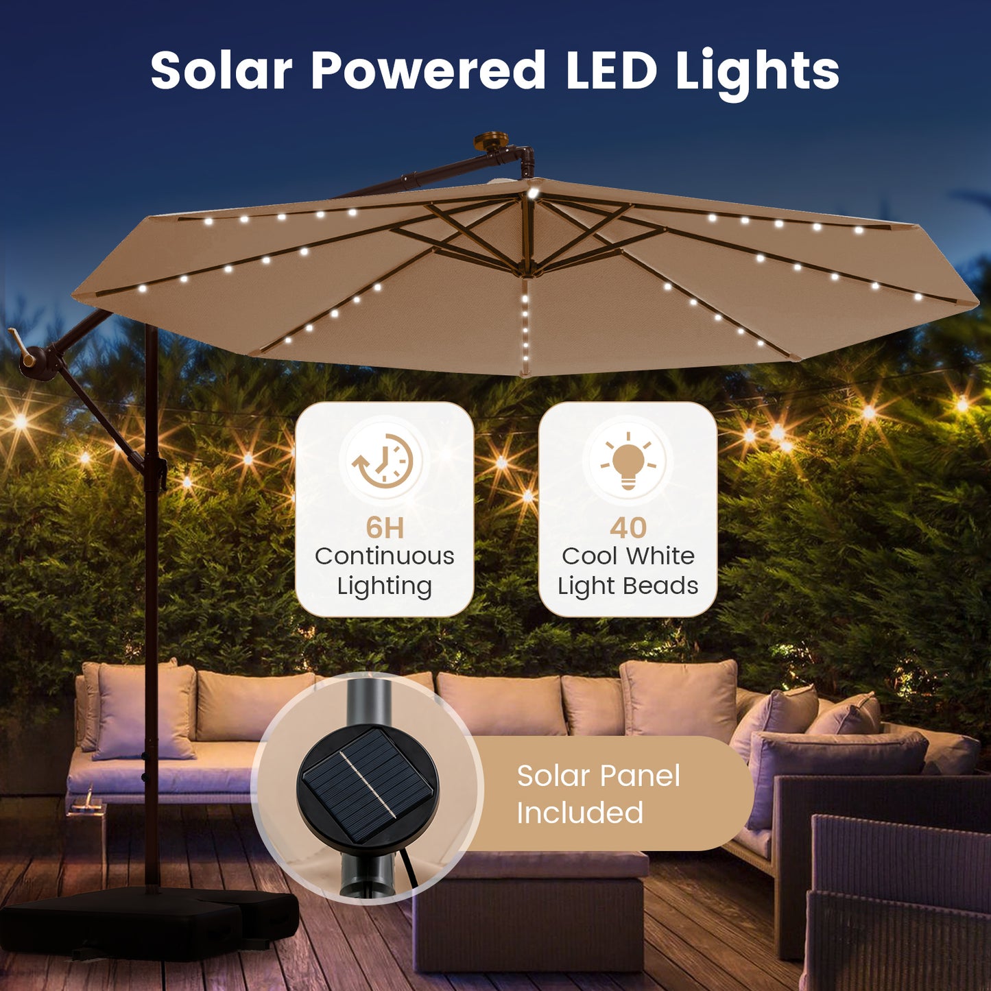 10 Feet Cantilever Umbrella, 32 LED Lights, Solar Panel Batteries, Beige Outdoor Umbrellas at Gallery Canada