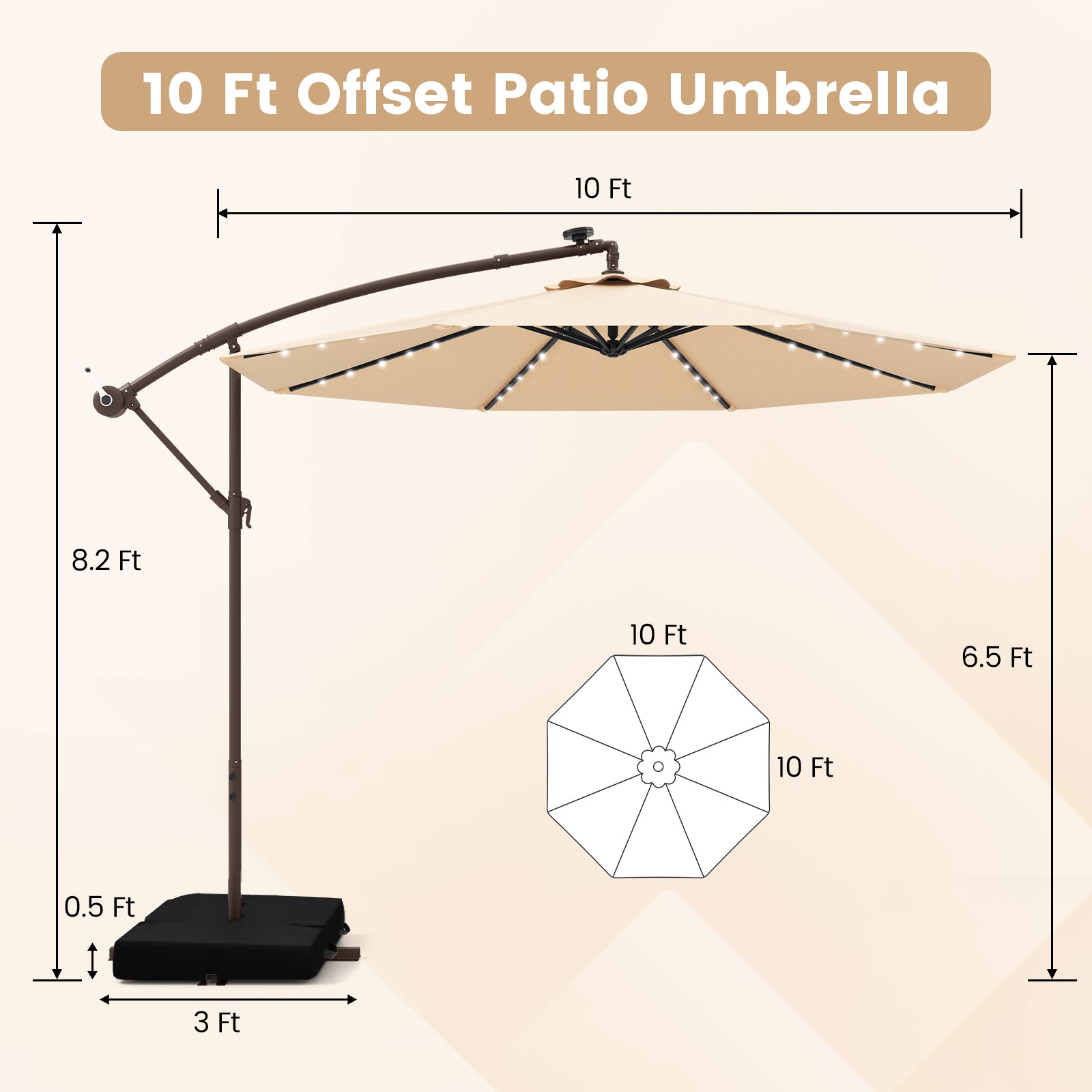 10 Feet Cantilever Umbrella, 32 LED Lights, Solar Panel Batteries, Beige Outdoor Umbrellas at Gallery Canada