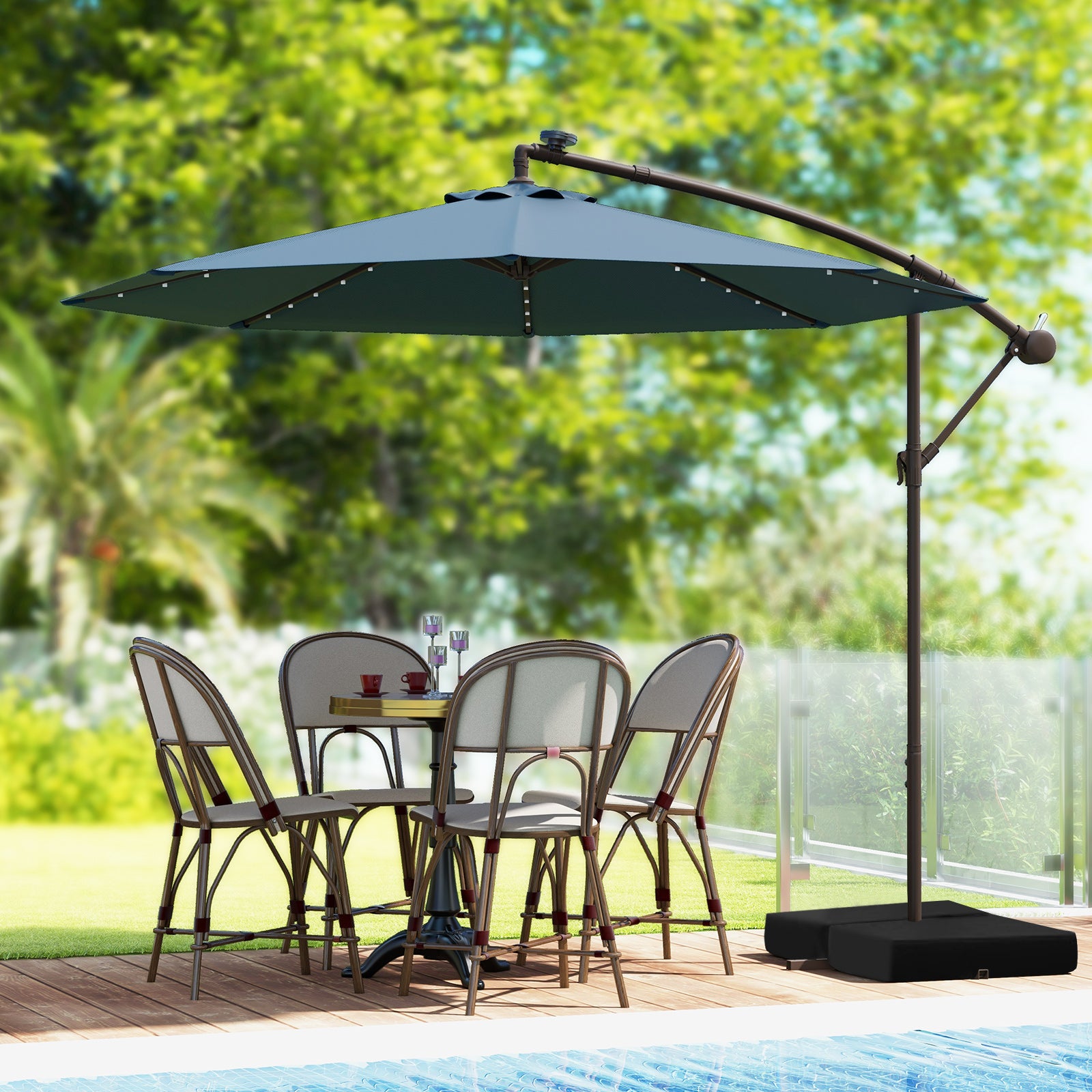 10 Feet Cantilever Umbrella, 32 LED Lights, Solar Panel Batteries, Navy Outdoor Umbrellas at Gallery Canada