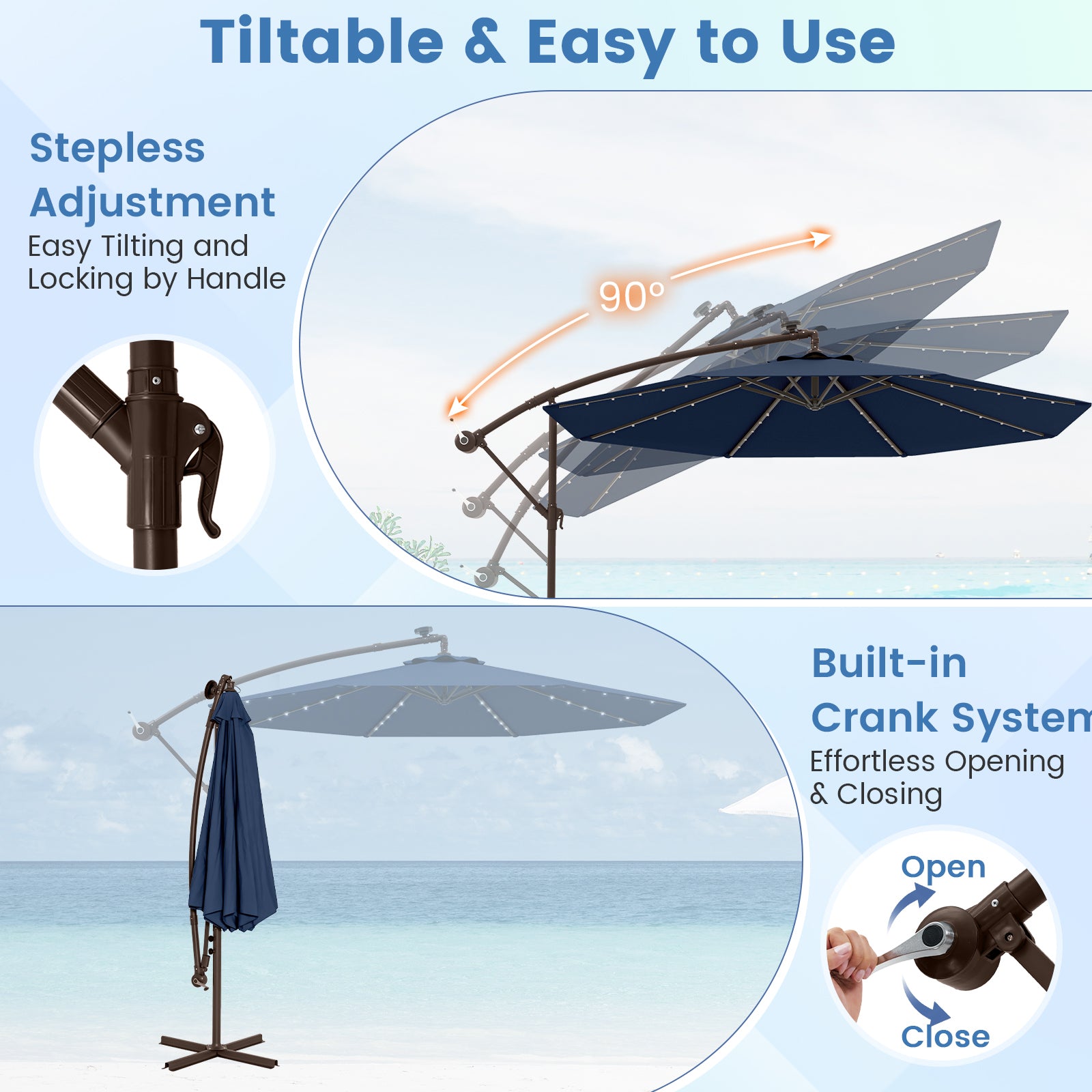 10 Feet Cantilever Umbrella, 32 LED Lights, Solar Panel Batteries, Navy Outdoor Umbrellas at Gallery Canada
