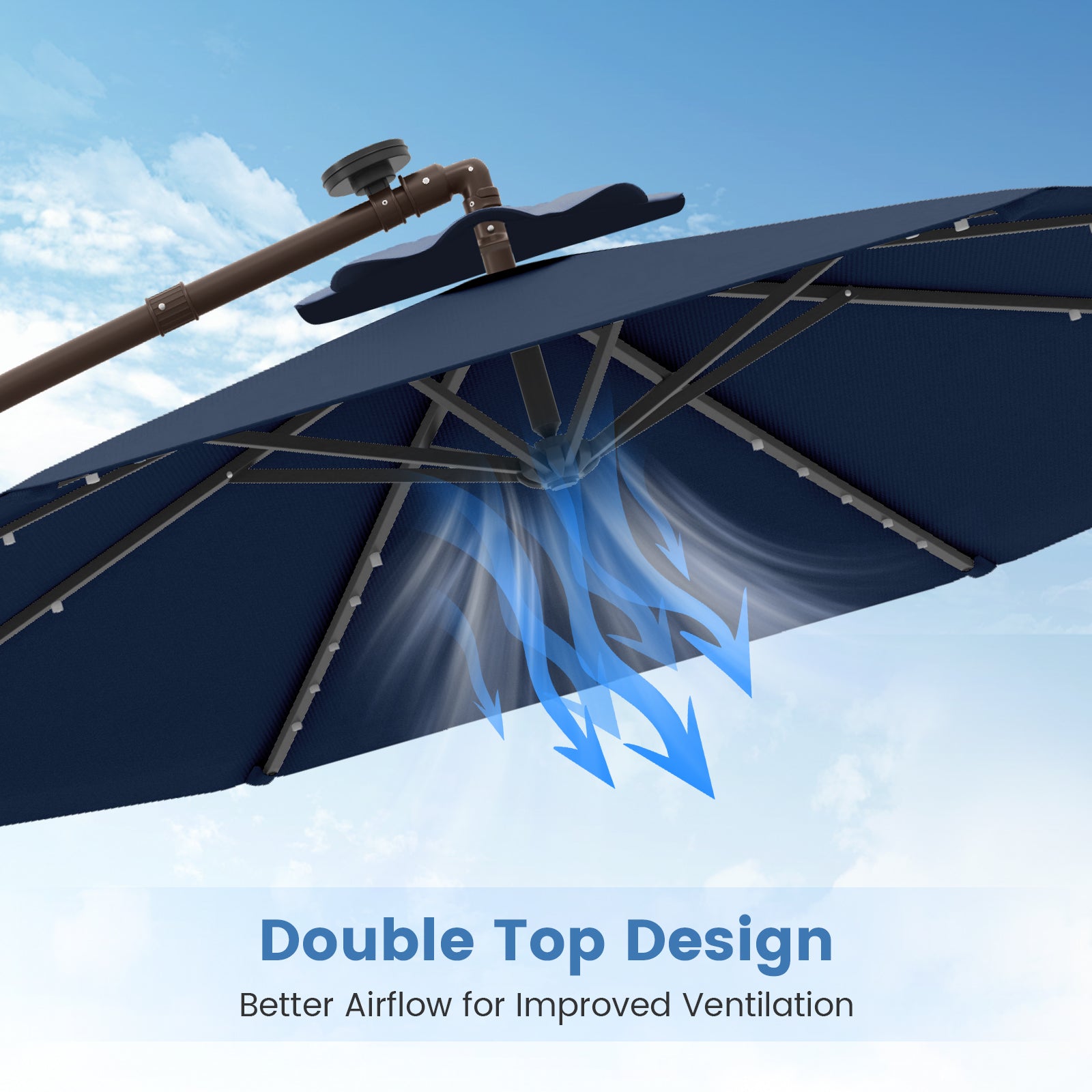 10 Feet Cantilever Umbrella, 32 LED Lights, Solar Panel Batteries, Navy Outdoor Umbrellas at Gallery Canada