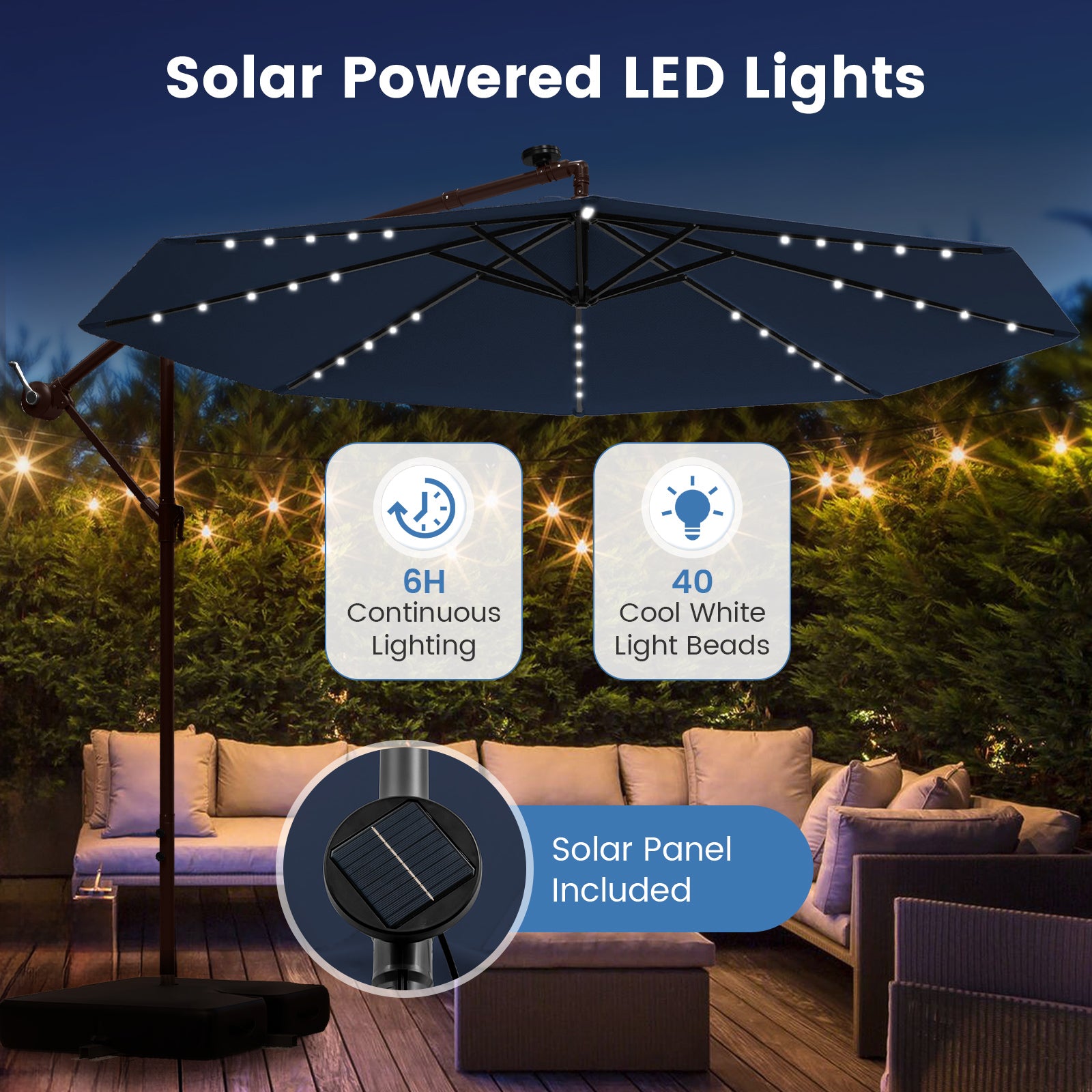 10 Feet Cantilever Umbrella, 32 LED Lights, Solar Panel Batteries, Navy Outdoor Umbrellas at Gallery Canada