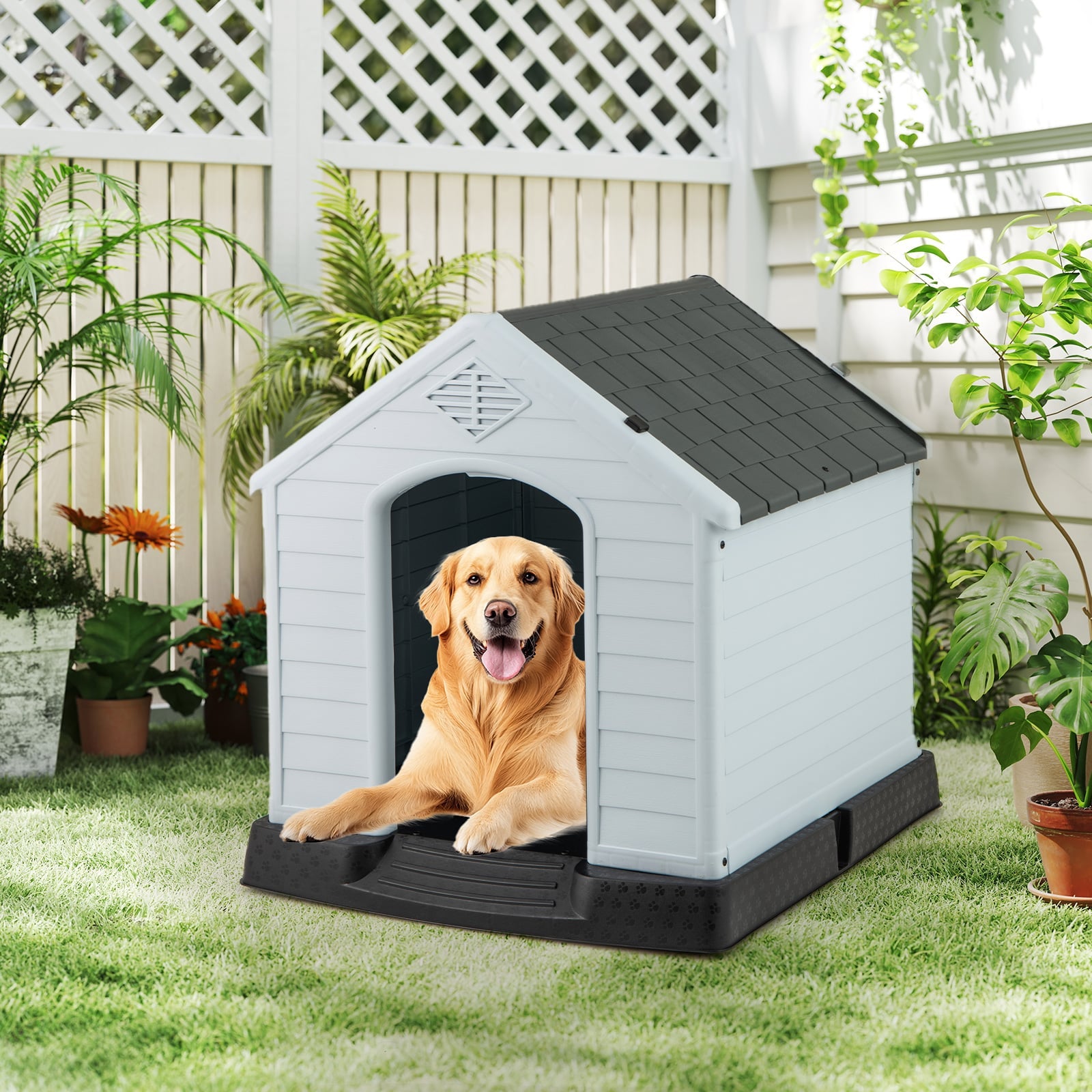 Waterproof Plastic Dog House, Elevated Floor, Medium, Gray Dog Kennels at Gallery Canada