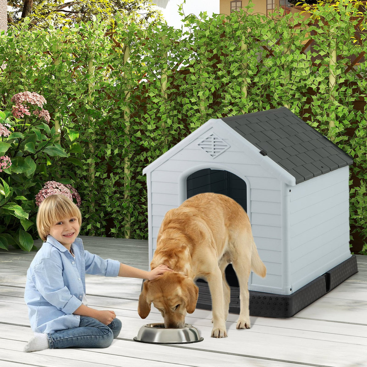 Waterproof Plastic Dog House, Elevated Floor, Medium, Gray Dog Kennels at Gallery Canada