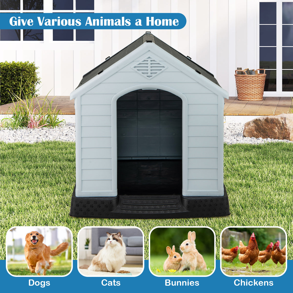 Waterproof Plastic Dog House, Elevated Floor, Medium, Gray Dog Kennels at Gallery Canada