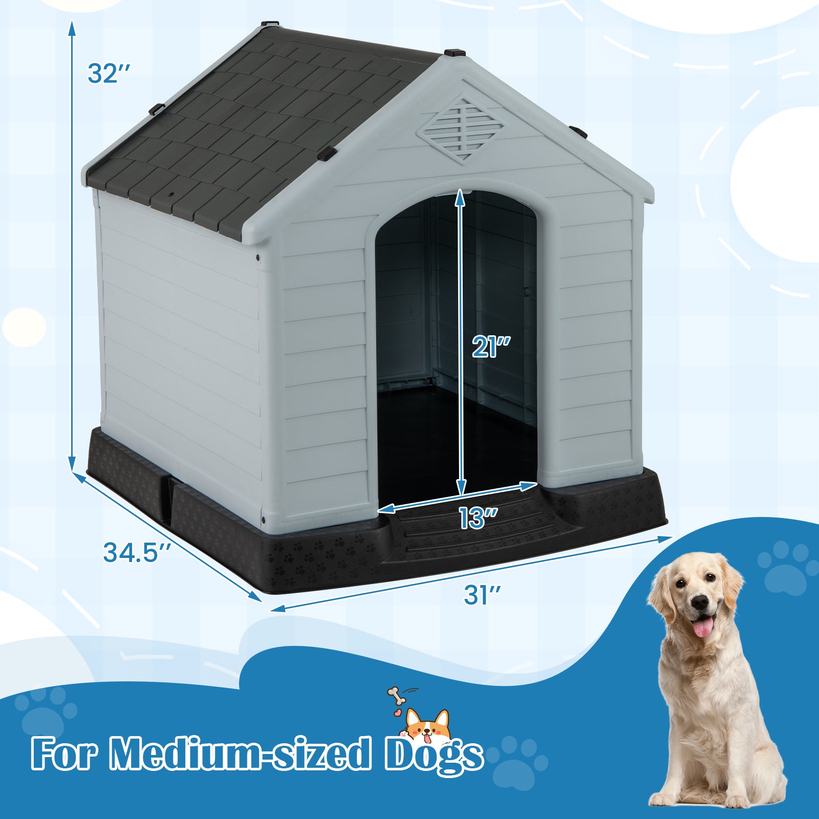 Waterproof Plastic Dog House, Elevated Floor, Medium, Gray Dog Kennels at Gallery Canada