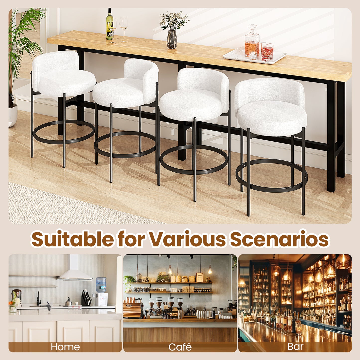 24 Inch Boucle Counter Stools, Set of 2, Curved Backrest, White Bar Stools at Gallery Canada