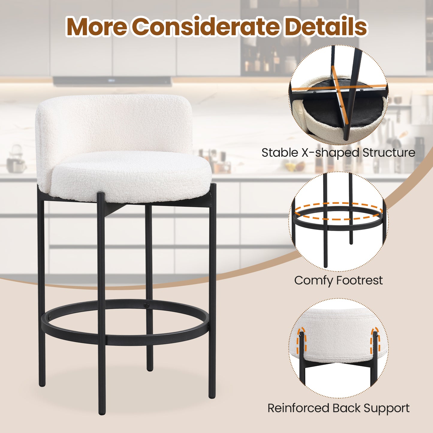 24 Inch Boucle Counter Stools, Set of 2, Curved Backrest, White Bar Stools at Gallery Canada