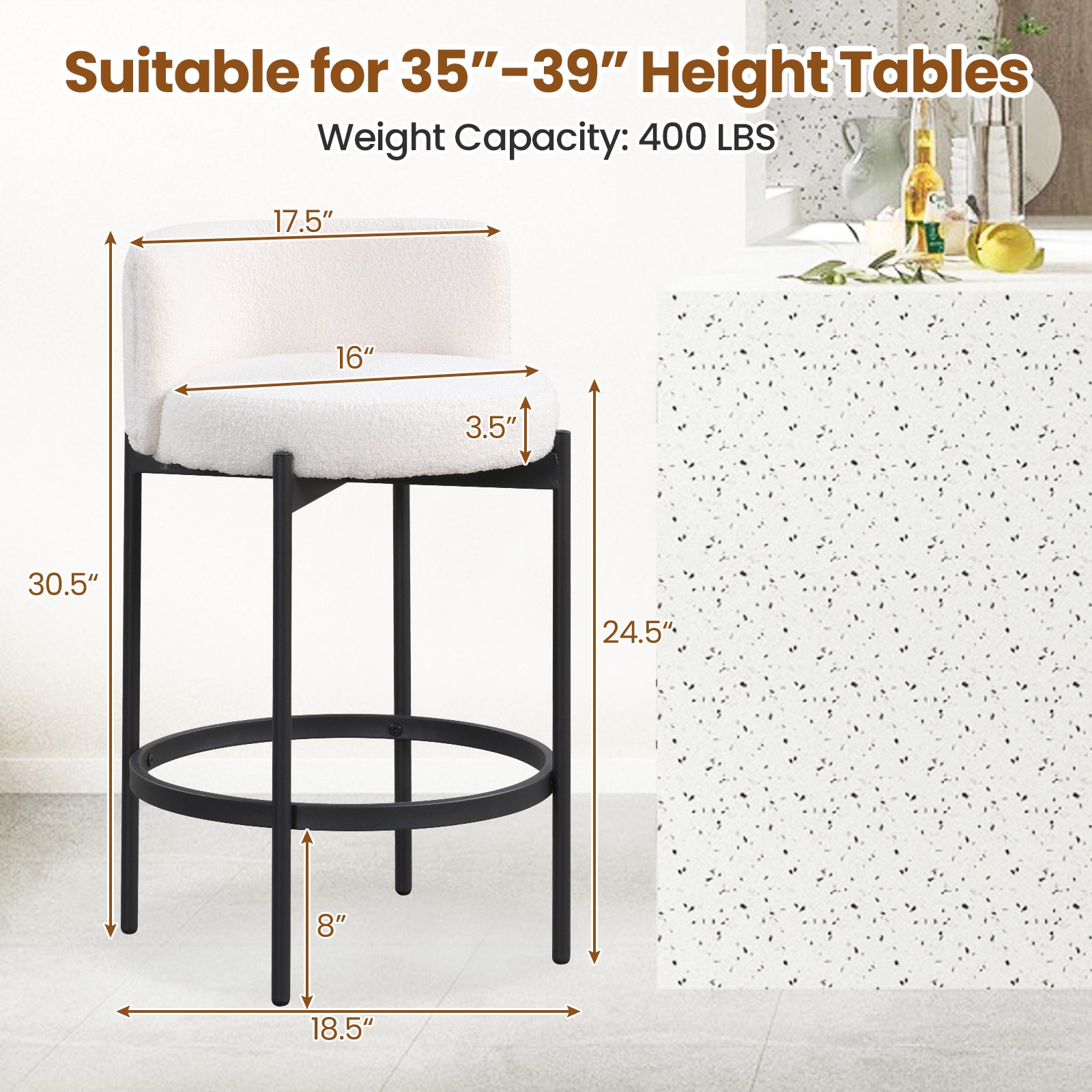 24 Inch Boucle Counter Stools, Set of 2, Curved Backrest, White Bar Stools at Gallery Canada