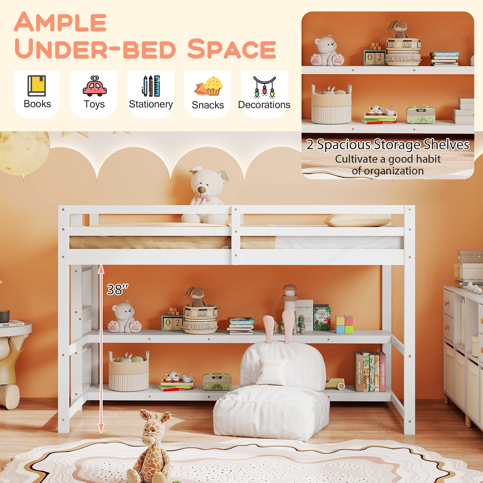 Twin Size Loft Bed With Storage Shelves, White Bunk Bed Frame at Gallery Canada