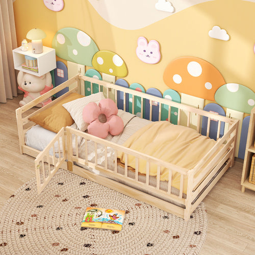 Twin Size Floor Bed, High Fence Playhouse, Natural