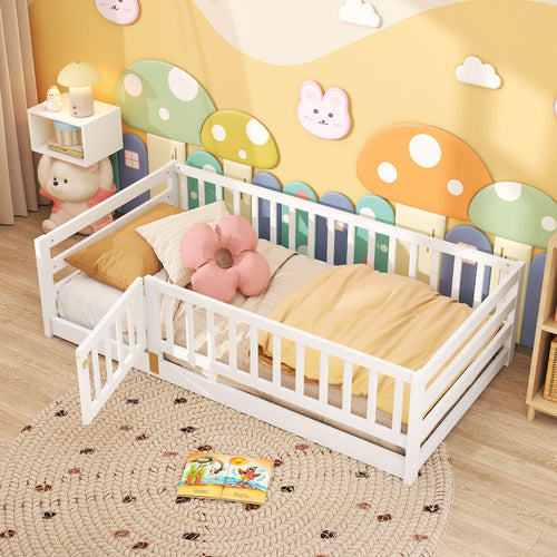Twin Size Floor Bed With High Fence, Door Playhouse For Kids, White
