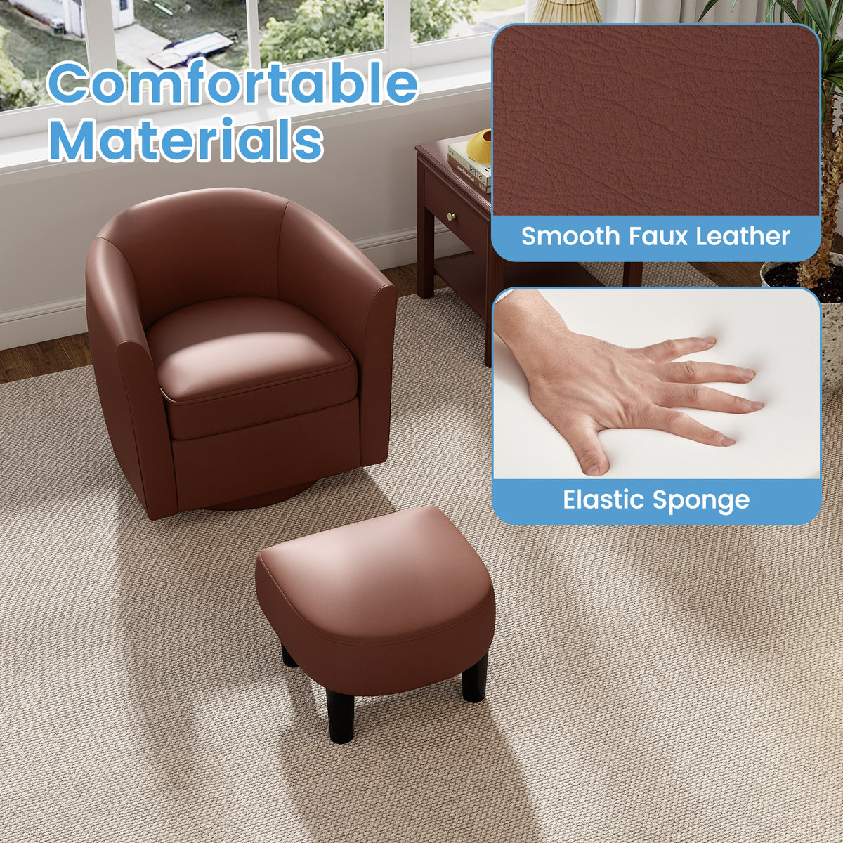 Modern Club Swivel Accent Chair, Ottoman Footrest, Curved Backrest, Brown Accent Chairs at Gallery Canada