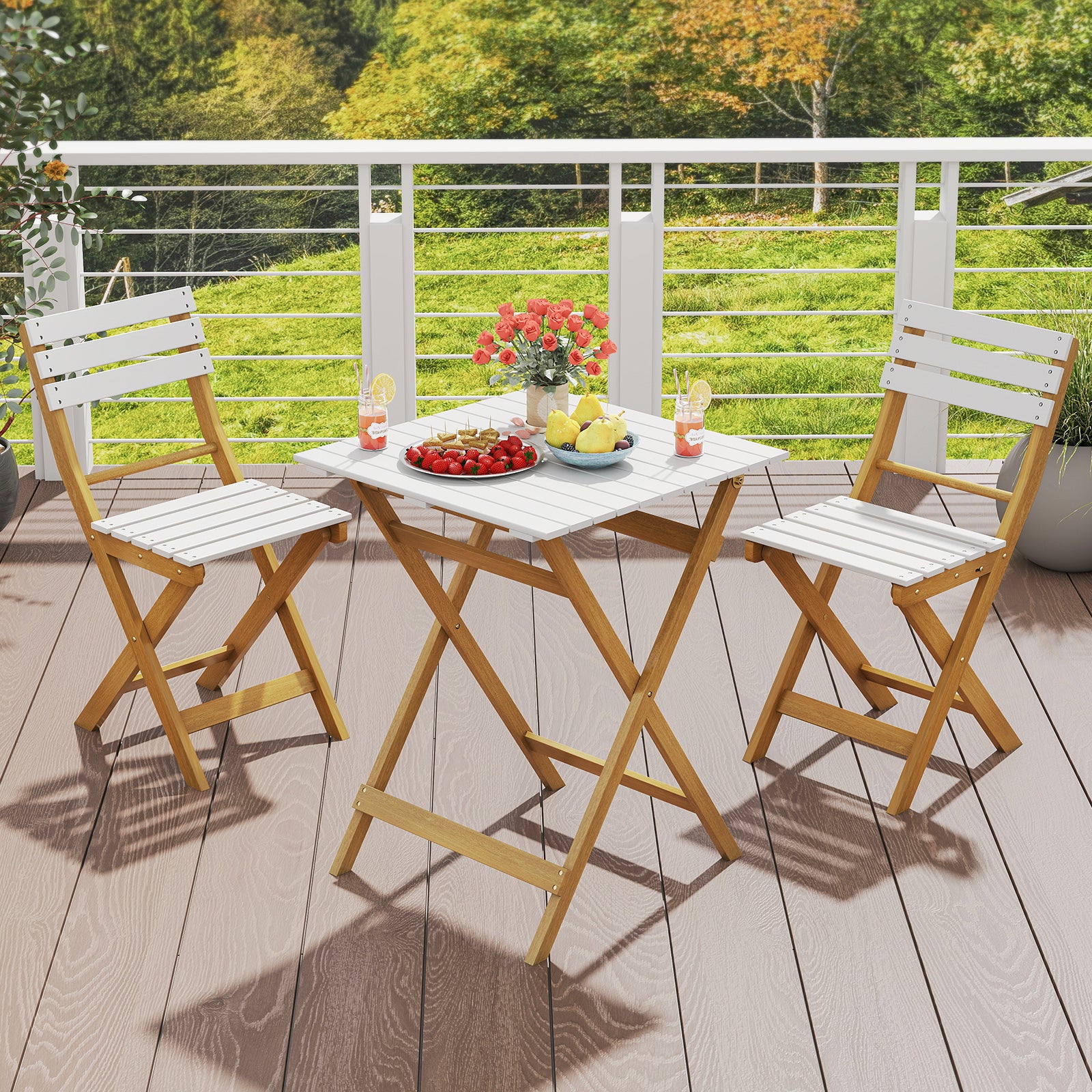 3 Piece Folding Patio Bistro Set, Acacia Wood Chairs And Square Table Patio Conversation Sets at Gallery Canada