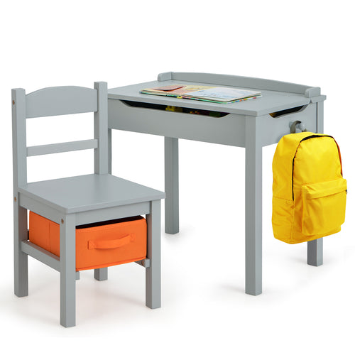 Kids Wood Table And Chair Set With Storage, Gray