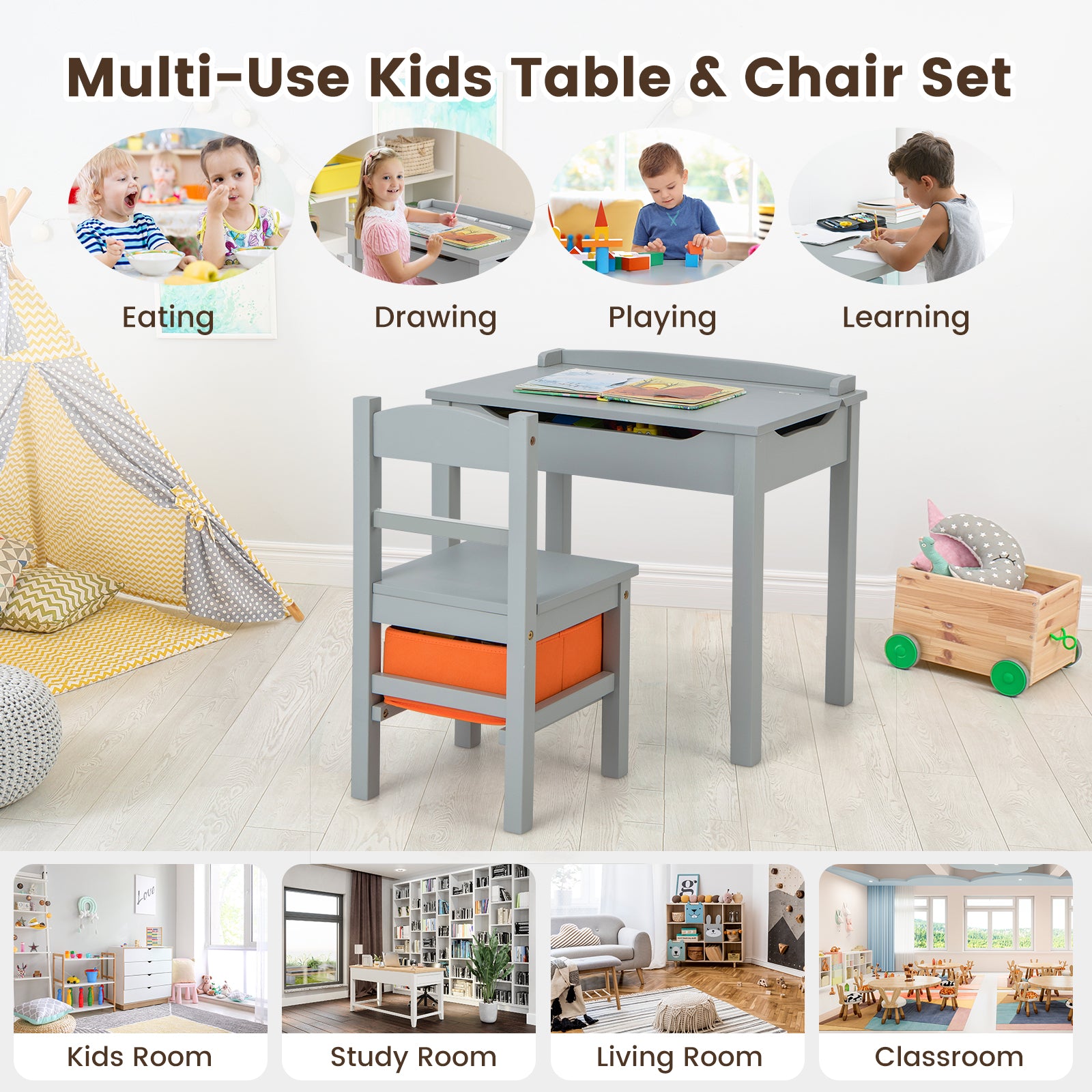 Kids Wood Table And Chair Set With Storage, Gray Kids Table & Chair Sets at Gallery Canada