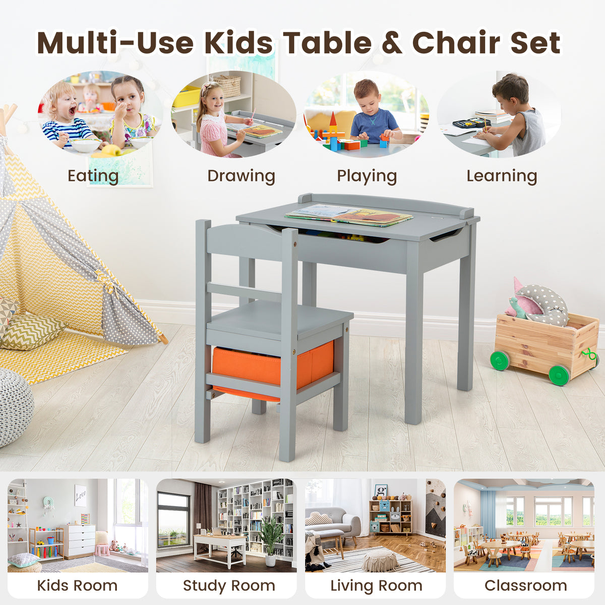 Kids Wood Table And Chair Set With Storage, Gray Kids Table & Chair Sets at Gallery Canada