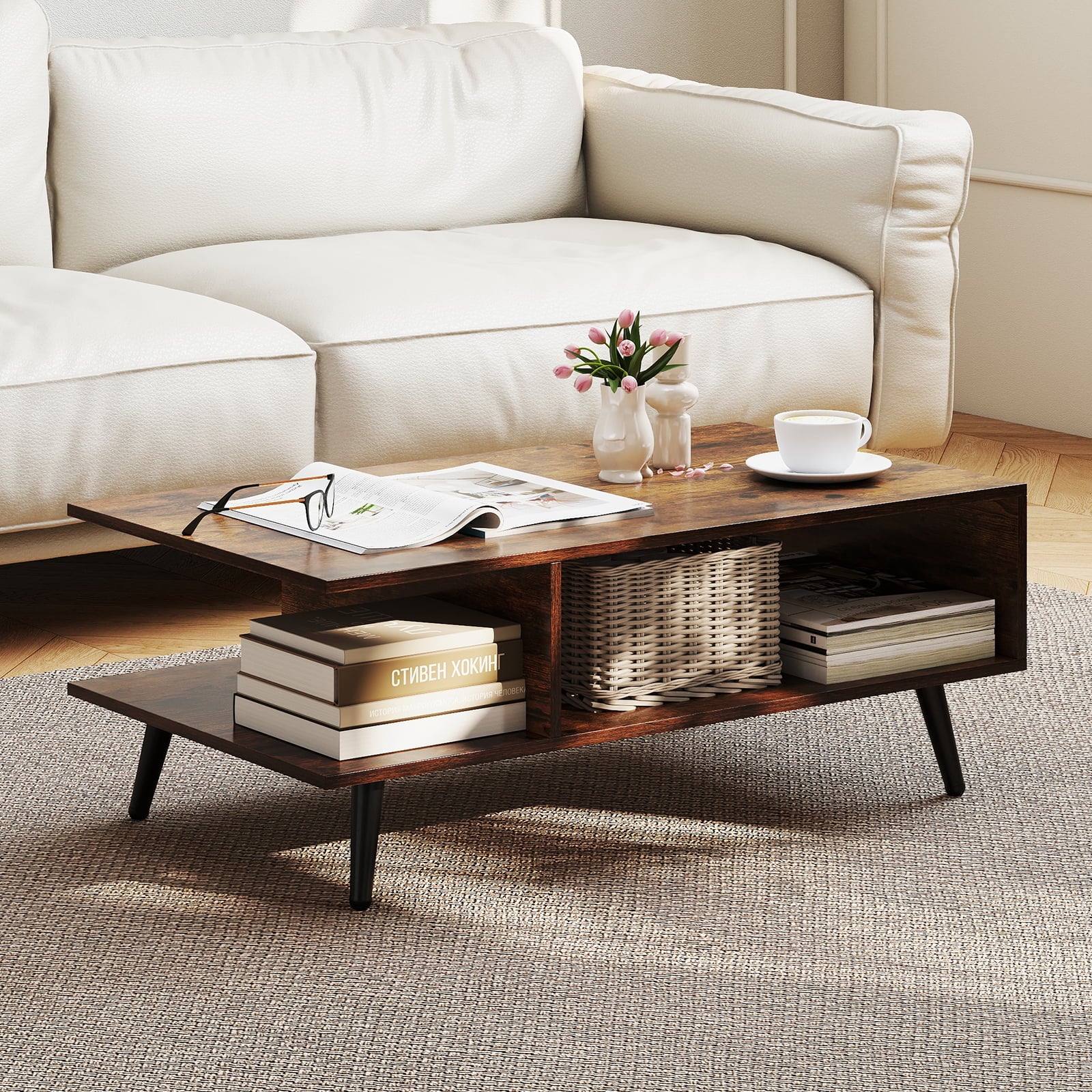 Mid Century Modern Coffee Table, 2-Tier Rectangle, Brown Coffee Tables at Gallery Canada