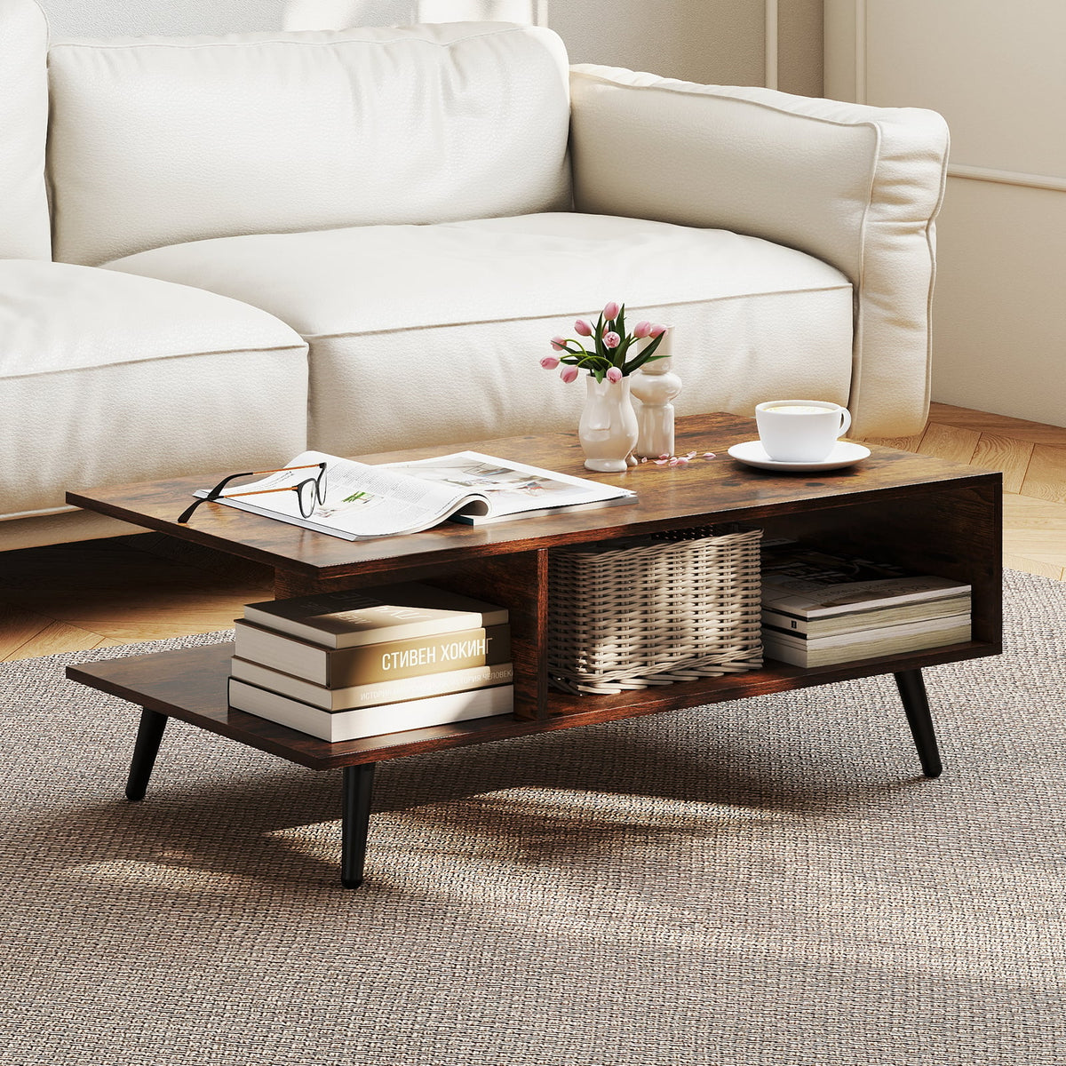 Mid Century Modern Coffee Table, 2-Tier Rectangle, Brown Coffee Tables at Gallery Canada
