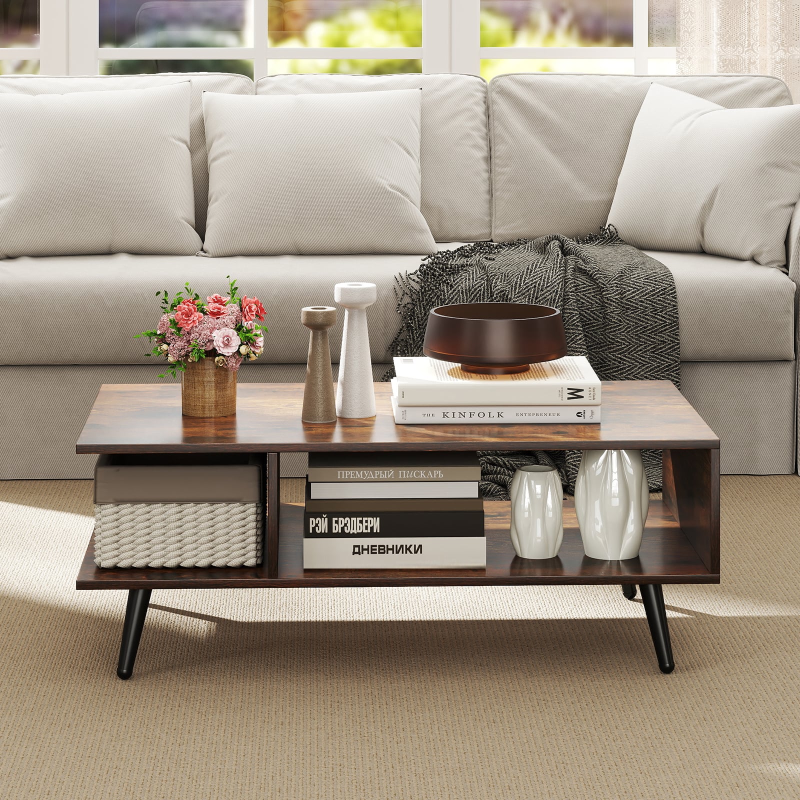 Mid Century Modern Coffee Table, 2-Tier Rectangle, Brown Coffee Tables at Gallery Canada