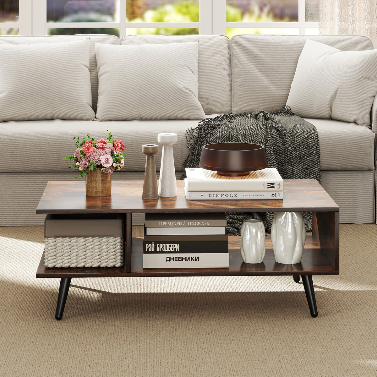 Mid Century Modern Coffee Table, 2-Tier Rectangle, Brown Coffee Tables at Gallery Canada