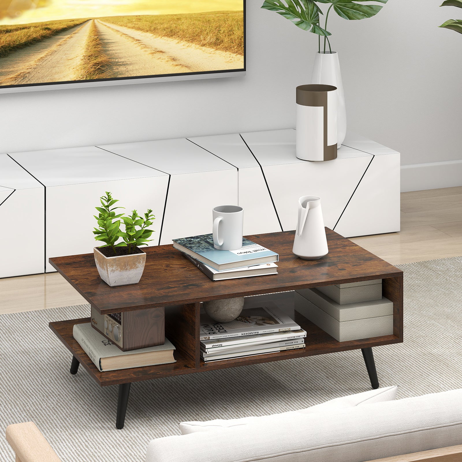 Mid Century Modern Coffee Table, 2-Tier Rectangle, Brown Coffee Tables at Gallery Canada