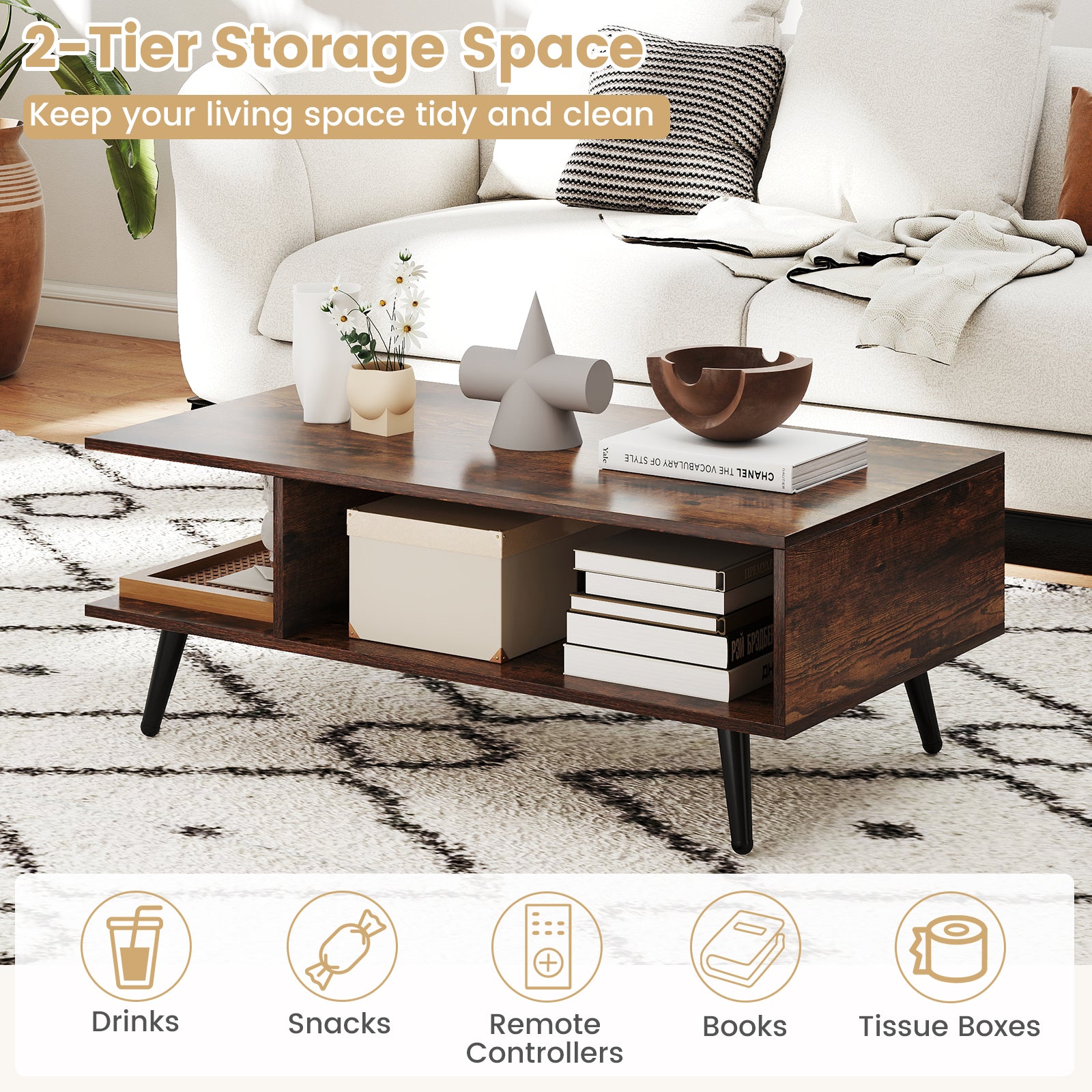 Mid Century Modern Coffee Table, 2-Tier Rectangle, Brown Coffee Tables at Gallery Canada