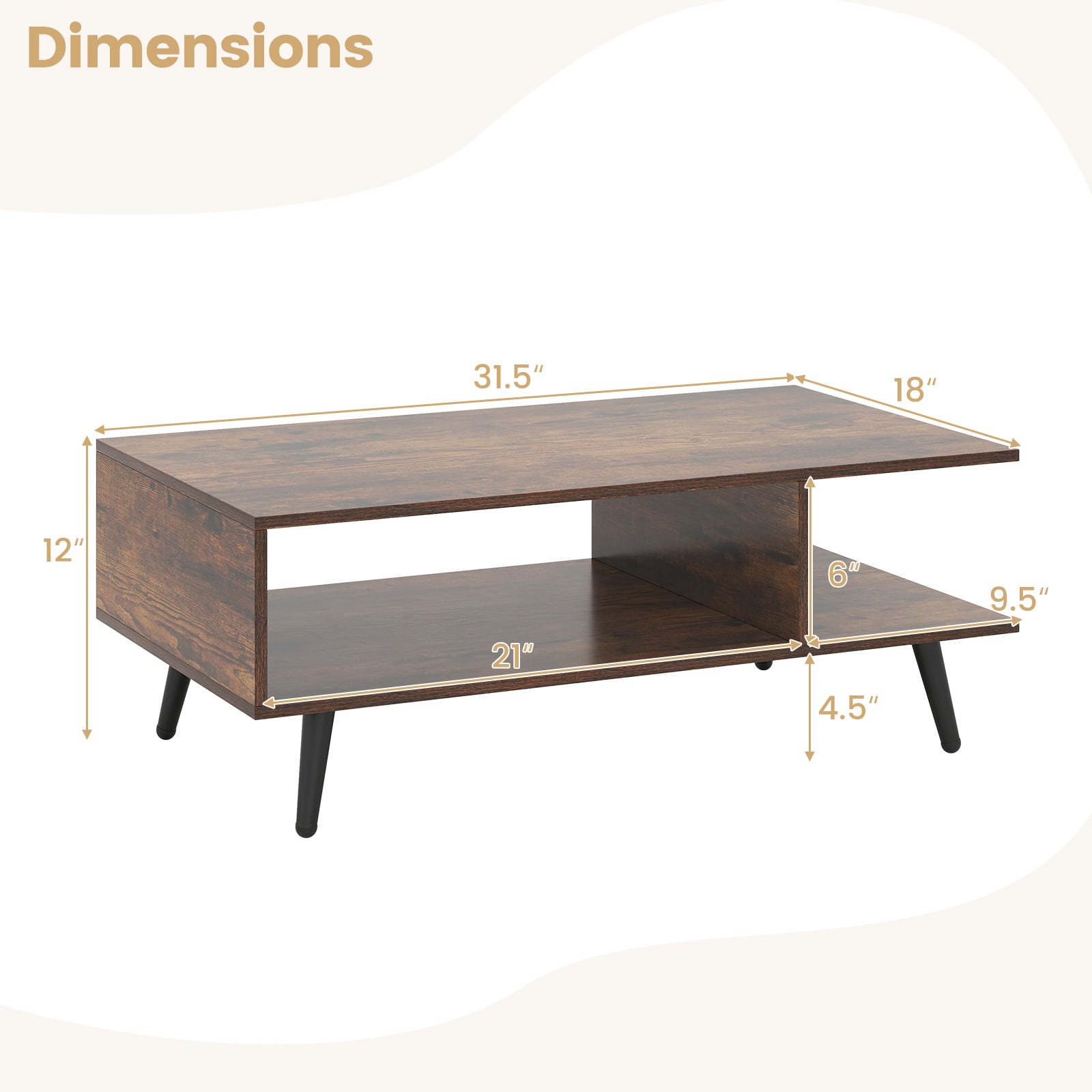 Mid Century Modern Coffee Table, 2-Tier Rectangle, Brown Coffee Tables at Gallery Canada