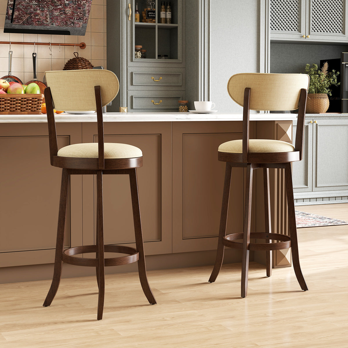 30.5 Inch Swivel Barstool Set, Padded Seat and Backrest, Brown Bar Stools at Gallery Canada