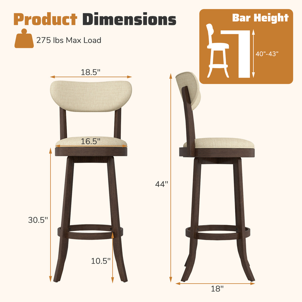 30.5 Inch Swivel Barstool Set, Padded Seat and Backrest, Brown Bar Stools at Gallery Canada