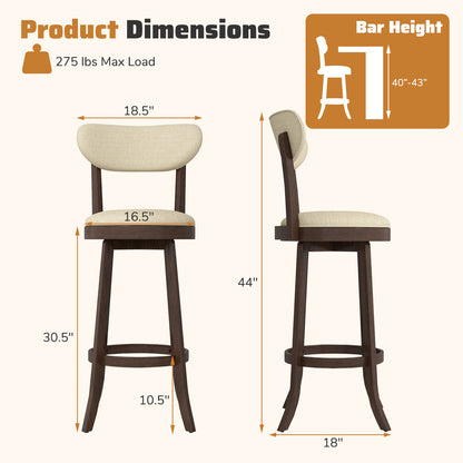 30.5 Inch Swivel Barstool Set, Padded Seat and Backrest, Brown Bar Stools at Gallery Canada